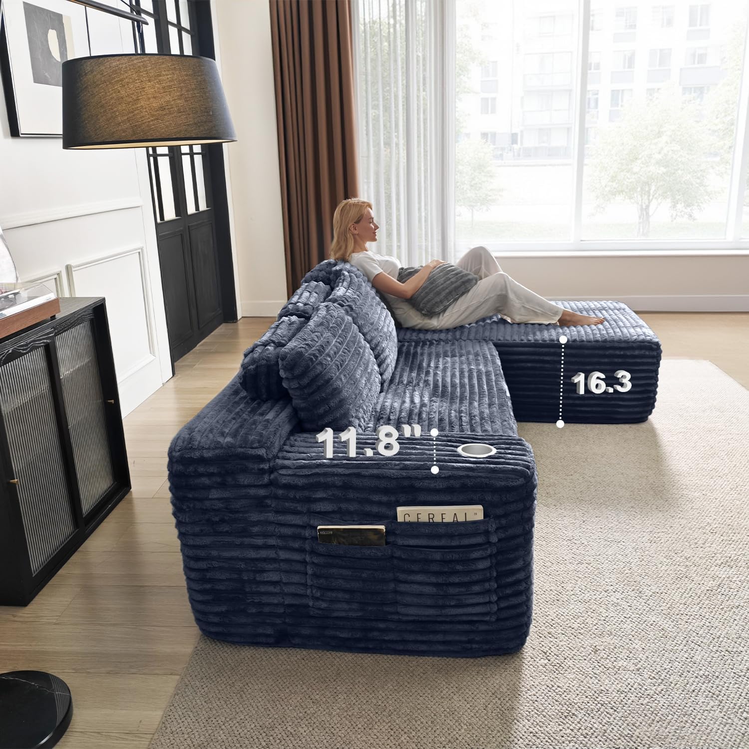 Cloud section sofa with L-shaped recliner modern modular sofa built-in cup holder