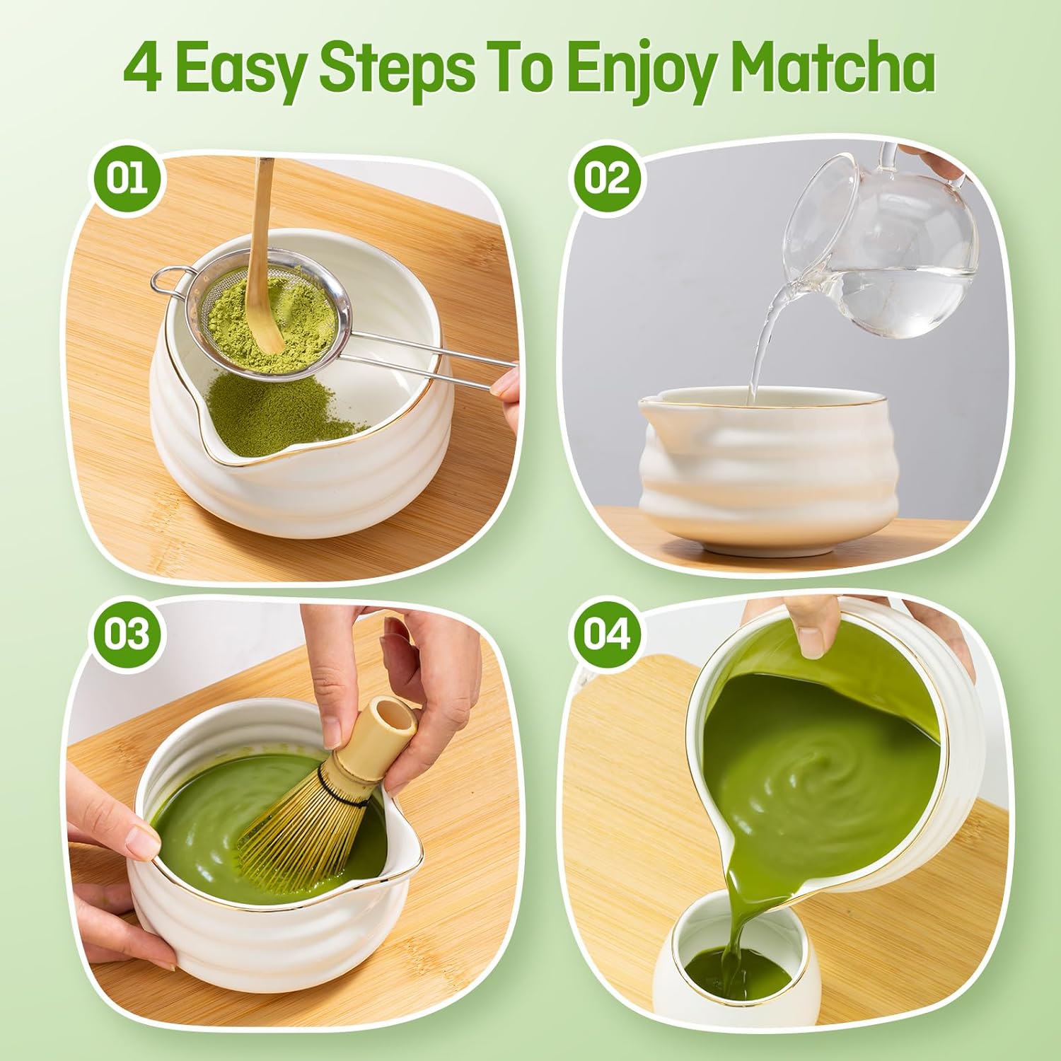 9-Piece Japanese Matcha Set, 18oz Ceramic Bowl with 2 Gold-Inlaid Cups, Handcrafted Bamboo Whisk, Sifter & Whisk Holder, Authentic Matcha Tea Making Kit for Beginners & Tea Lovers, Gift Box (White)