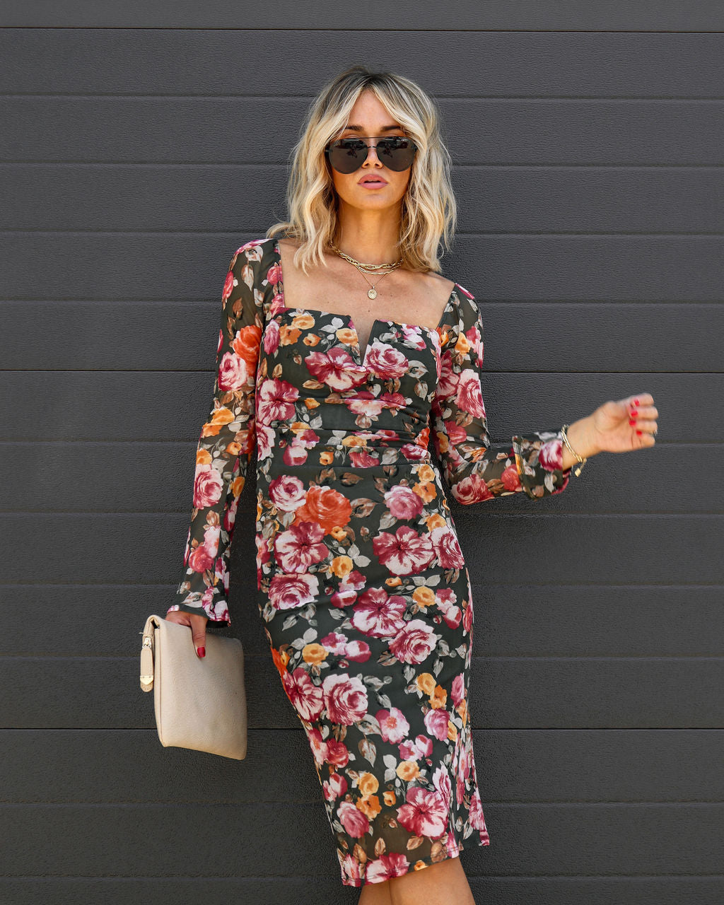 Maureen Floral Sheer Sleeve Midi Dress - Se7enfashion