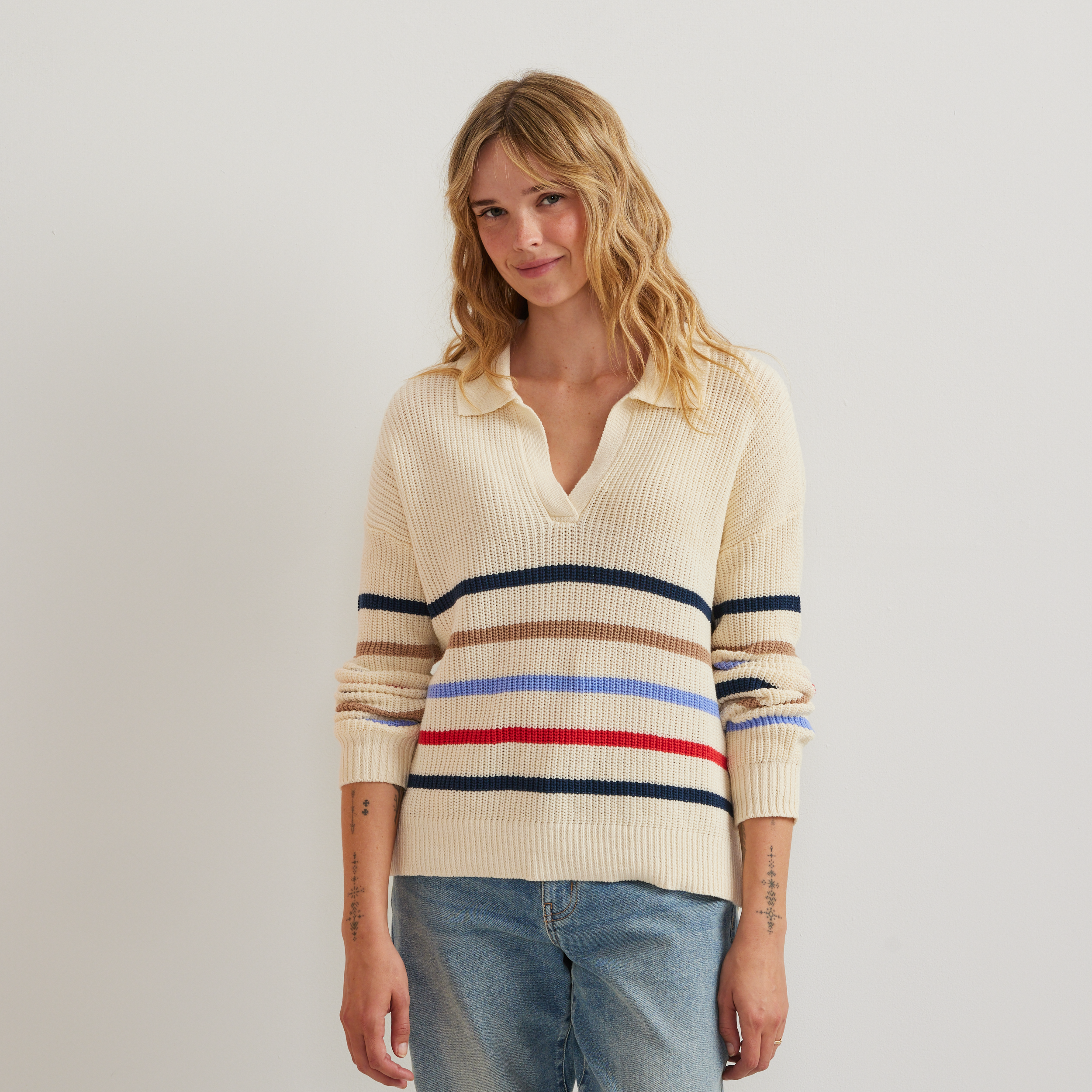 Women's Johnny Collar Multi-Stripe Sweater - Eddie Bauer Outlet