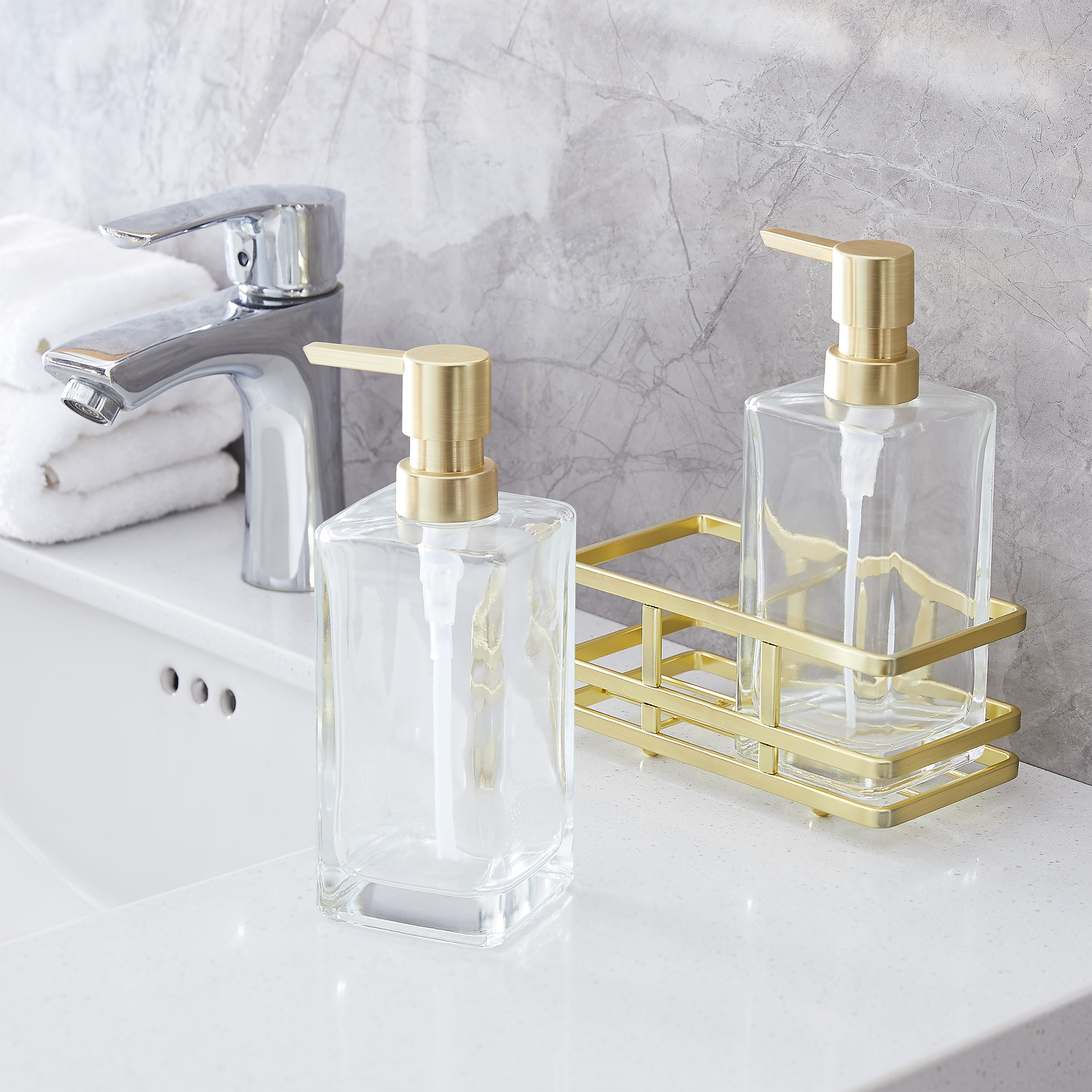 Home Decor 3-piece Glass Soap Dispenser Set with Metal Storage Caddy - Image 2