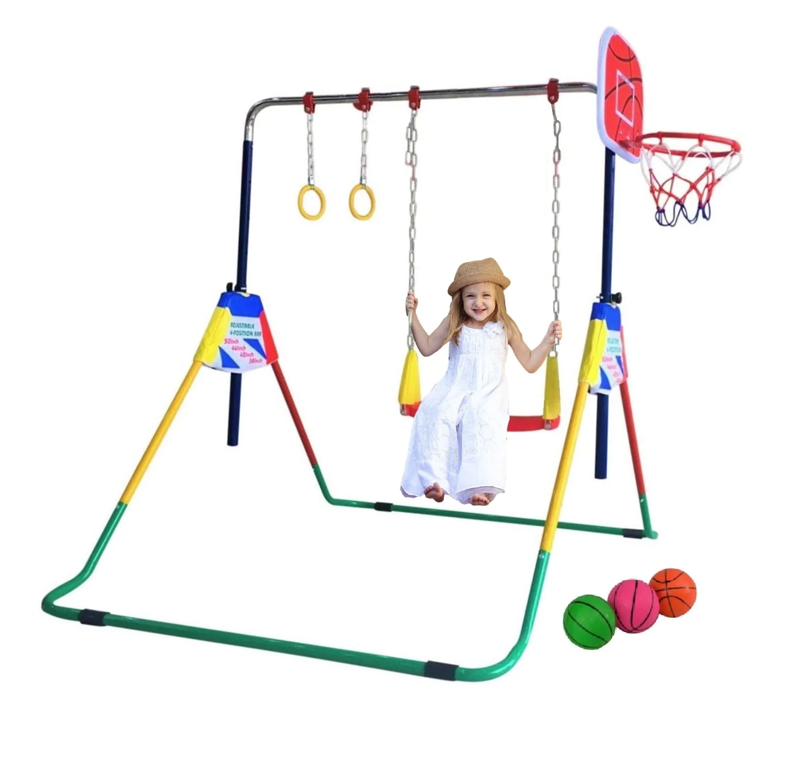 Adjustable Height Gymnastics Bar for Kids Kip Bar 6 in 1 Set, 6'x2' Gymnastic Tumble Mat, Swing Seat, 2 Trapeze Rings, Basketball Hoop, Home Junior Training Monkey Bars Fitness Balance Horizontal Bar - Image 9