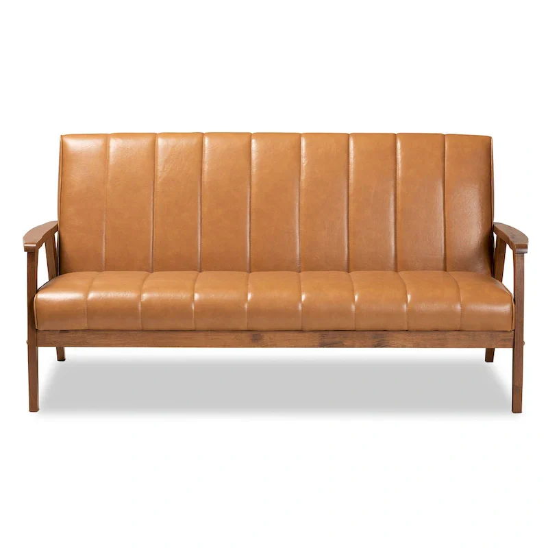 Nikko Tan Faux Leather Sofa with Walnut-Finished Wood Accents