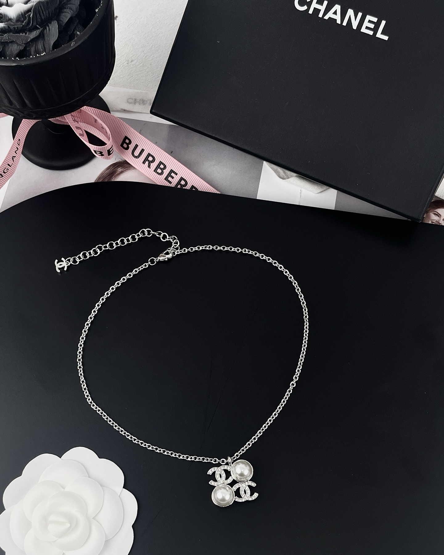 Chanel Silver Square Coco & Pearls Pendant Necklace - Original Replica Club