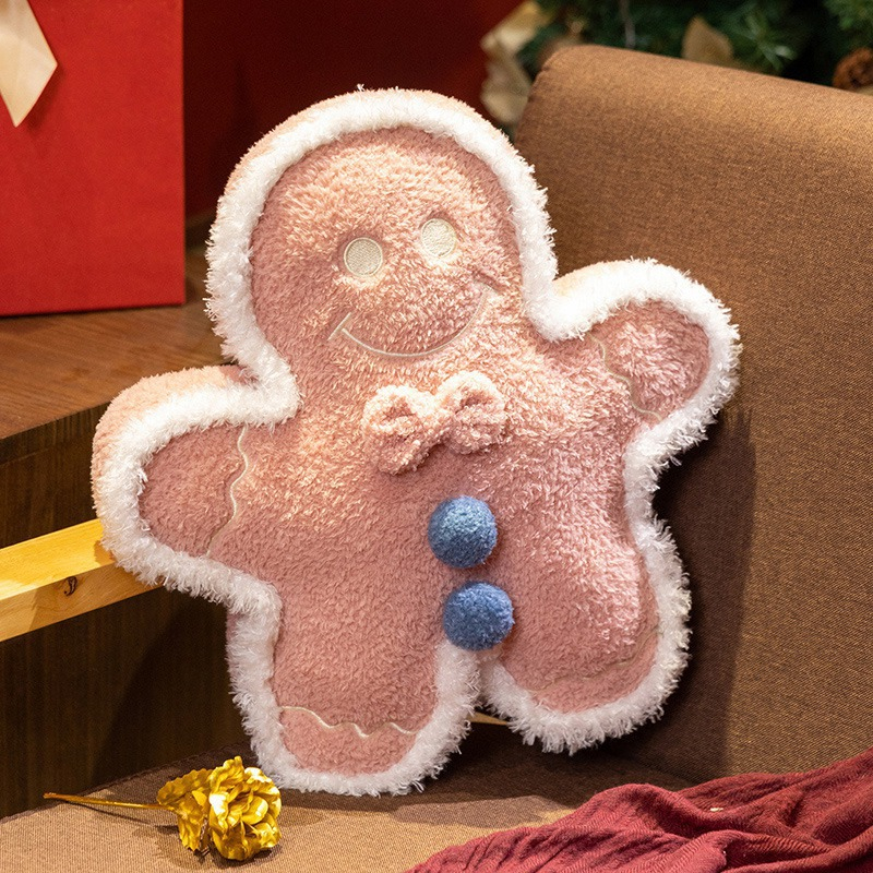 Gingerbread Man Shaped Plush Pillow Soft Fluffy Sherpa Cartoon Christmas Decor Plush Toy for Home Decor Holiday Gift