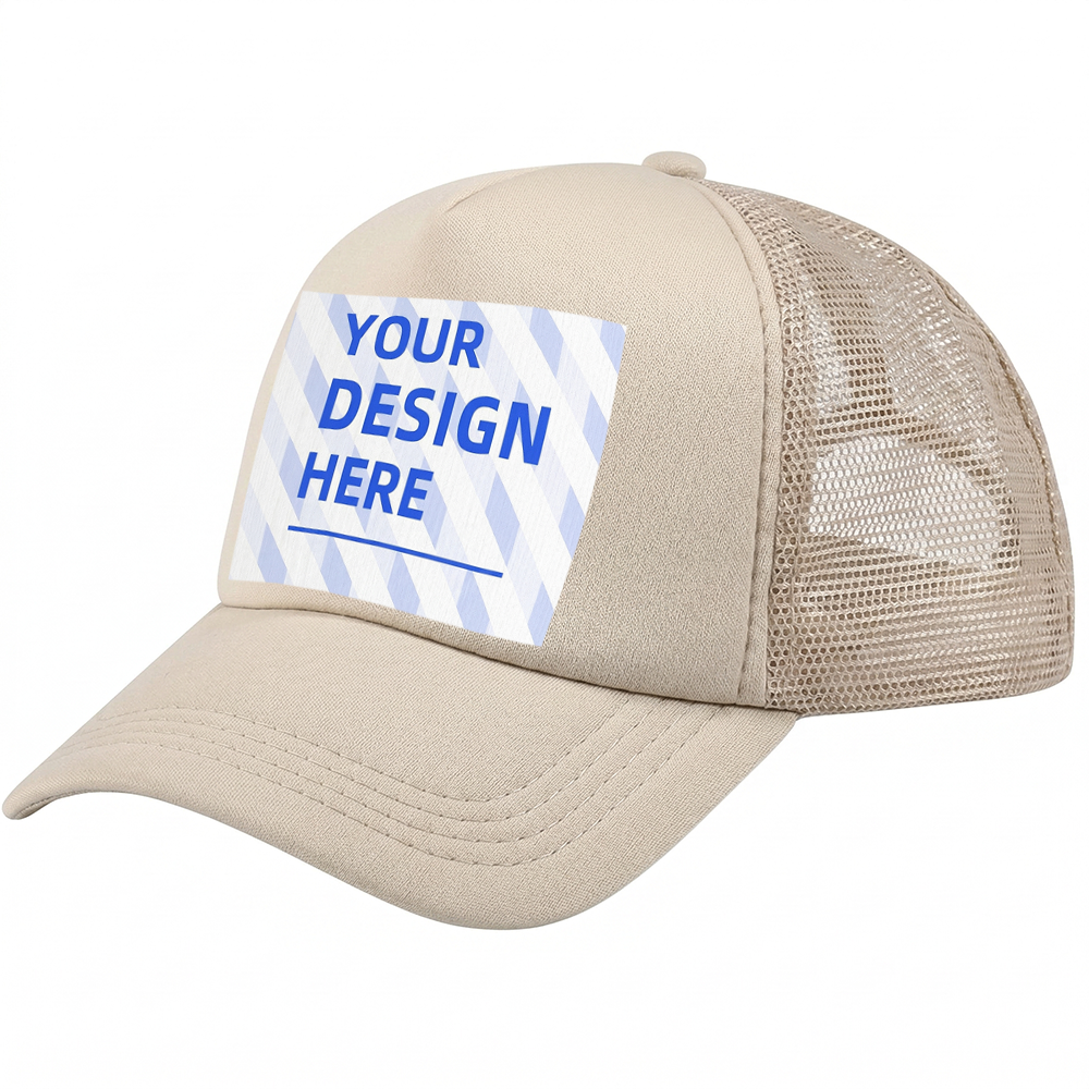 An angled profile of a custom trucker hat featuring a beige foam front panel, a khaki mesh back, a curved khaki bill, and a rectangular patch with a blue patterned design and the text 'YOUR DESIGN HERE'.