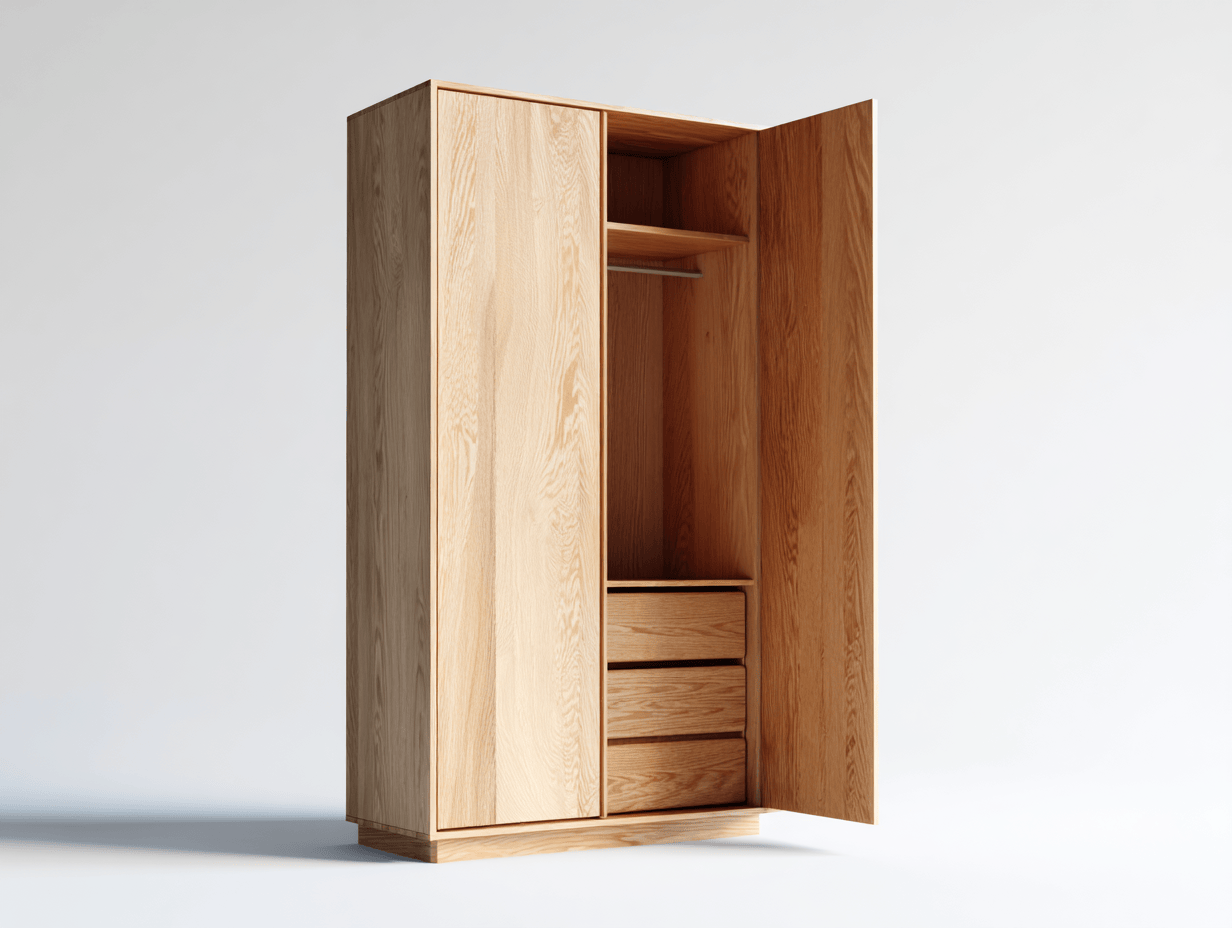 Armario de madera maciza de roble – 2 puertas con compartimento superior, zona de colgado y 3 cajones inferiores