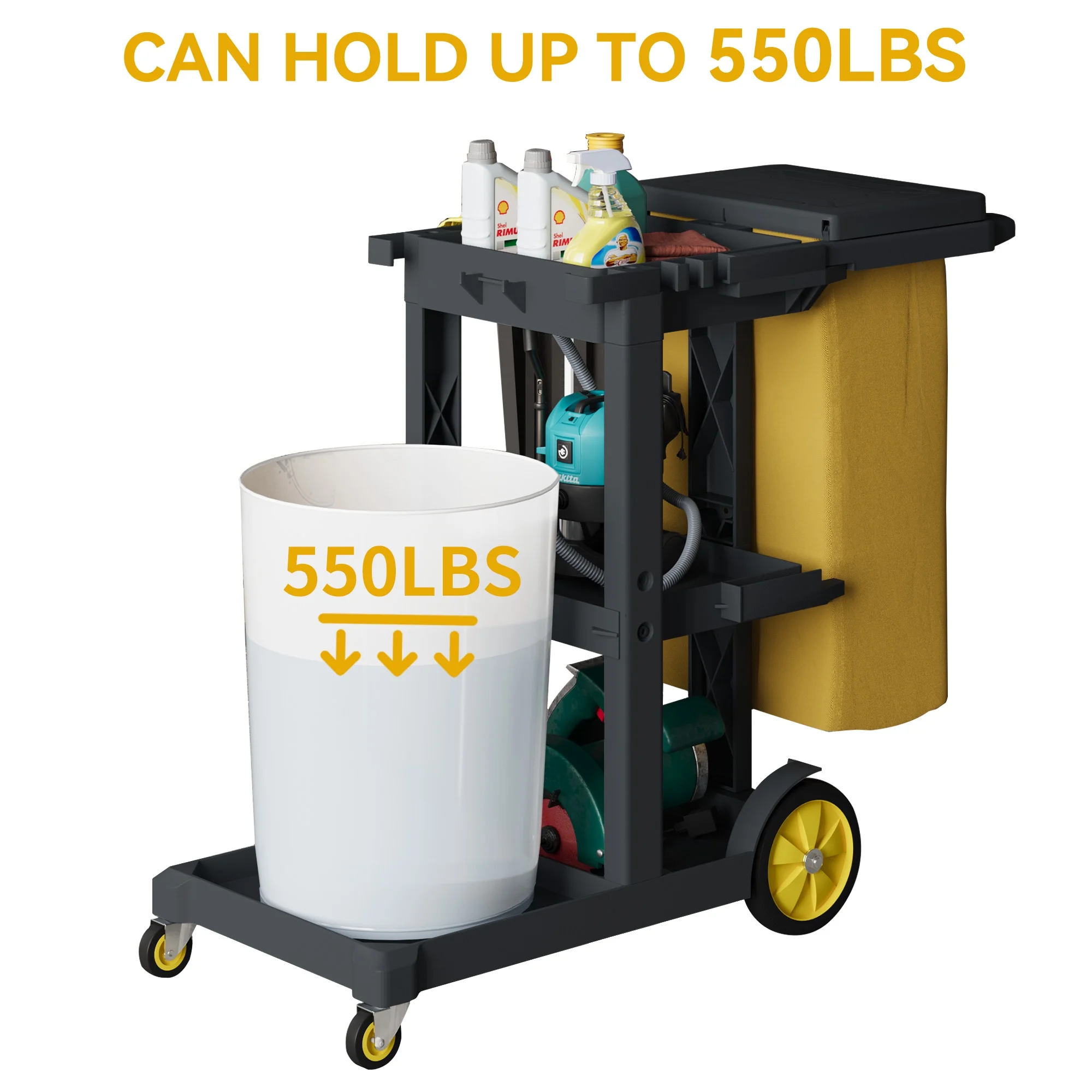 Dextrus Commercial Janitorial Trolley Cleaning Cart, 25 Gallon Capacity with Cover, for Housekeeping & Facility Maintenance, Black - Image 2