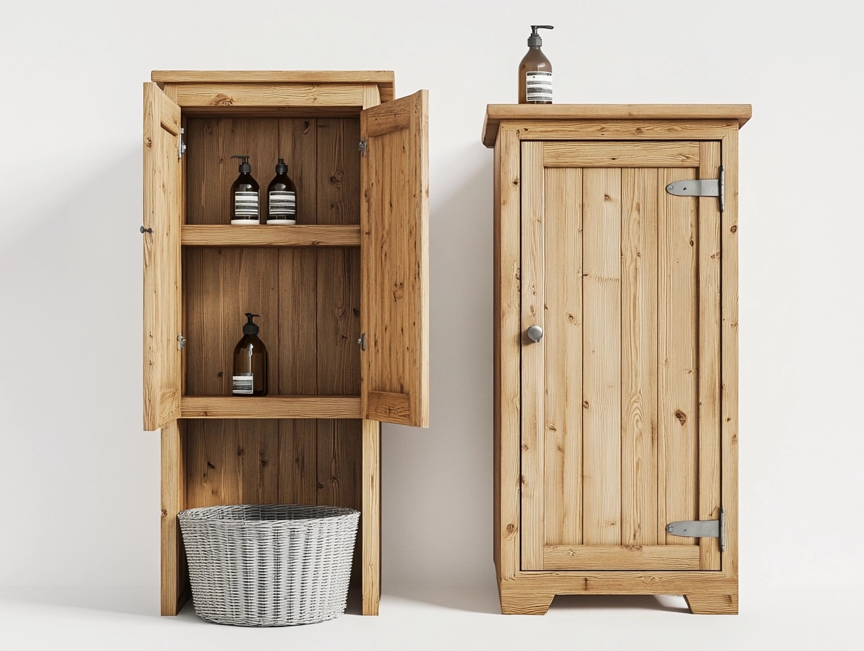 Armario alto de madera natural 120x45x35 cm para baño o salón con estantes de almacenamiento estilo rústico fn9041075