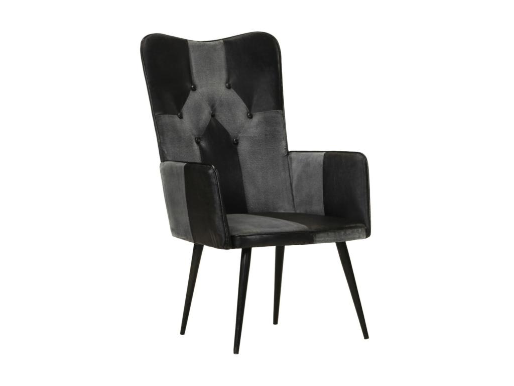 Sillón orejero Negro y gris Cuero auténtico