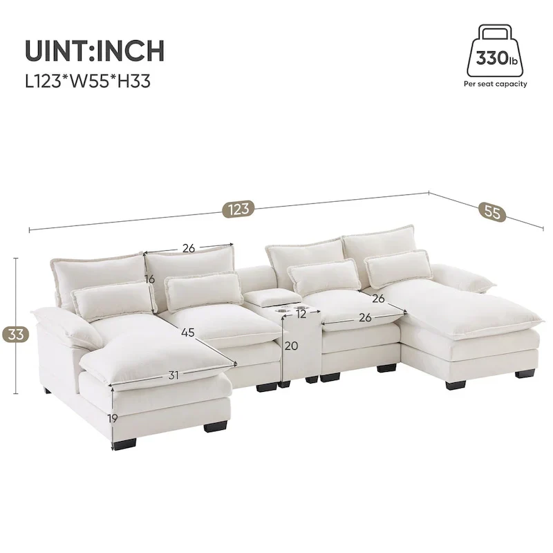123*55 Contemporary U-Shaped Sofa with Console, Cup Holders, USB Ports, Upholstered Sleeper Couch Set with Chaise