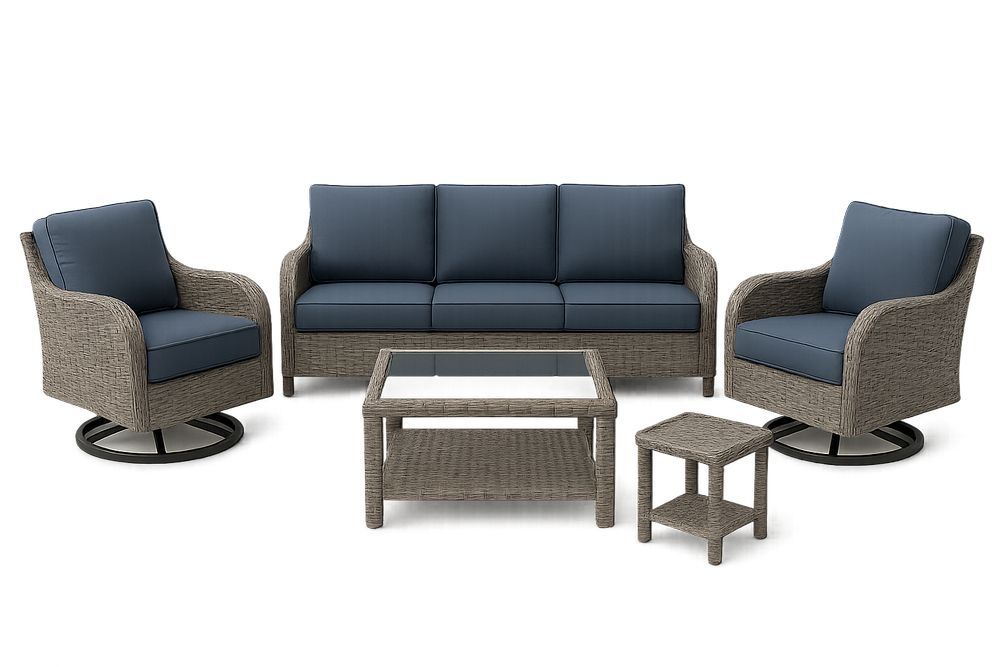 Conjunto de muebles de jardín negro y gris, sofá, sillón, mesa central y auxiliar, cojines azules y fácil limpieza