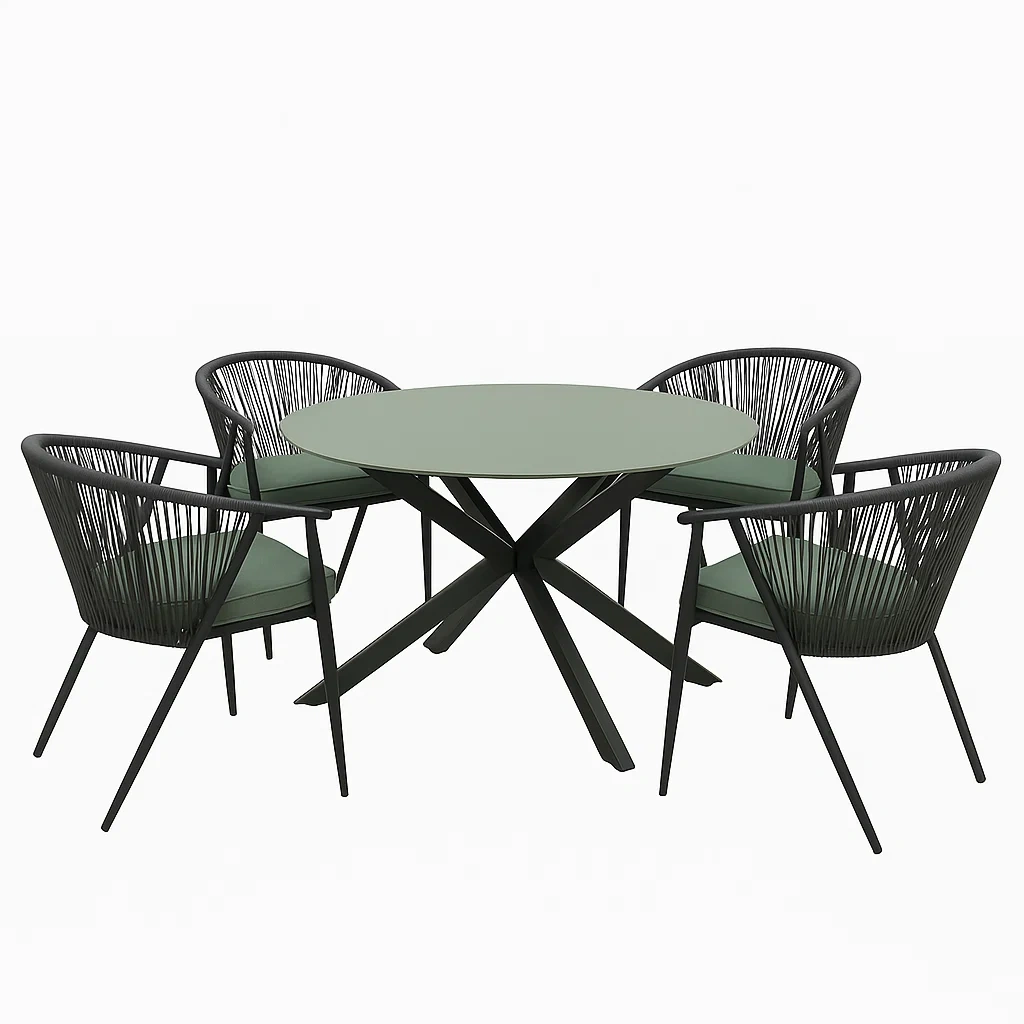 Conjunto de comedor de jardín redondo, 4 plazas, estructura metálica negra, sillas con asiento verde - ntavAqa180Vw