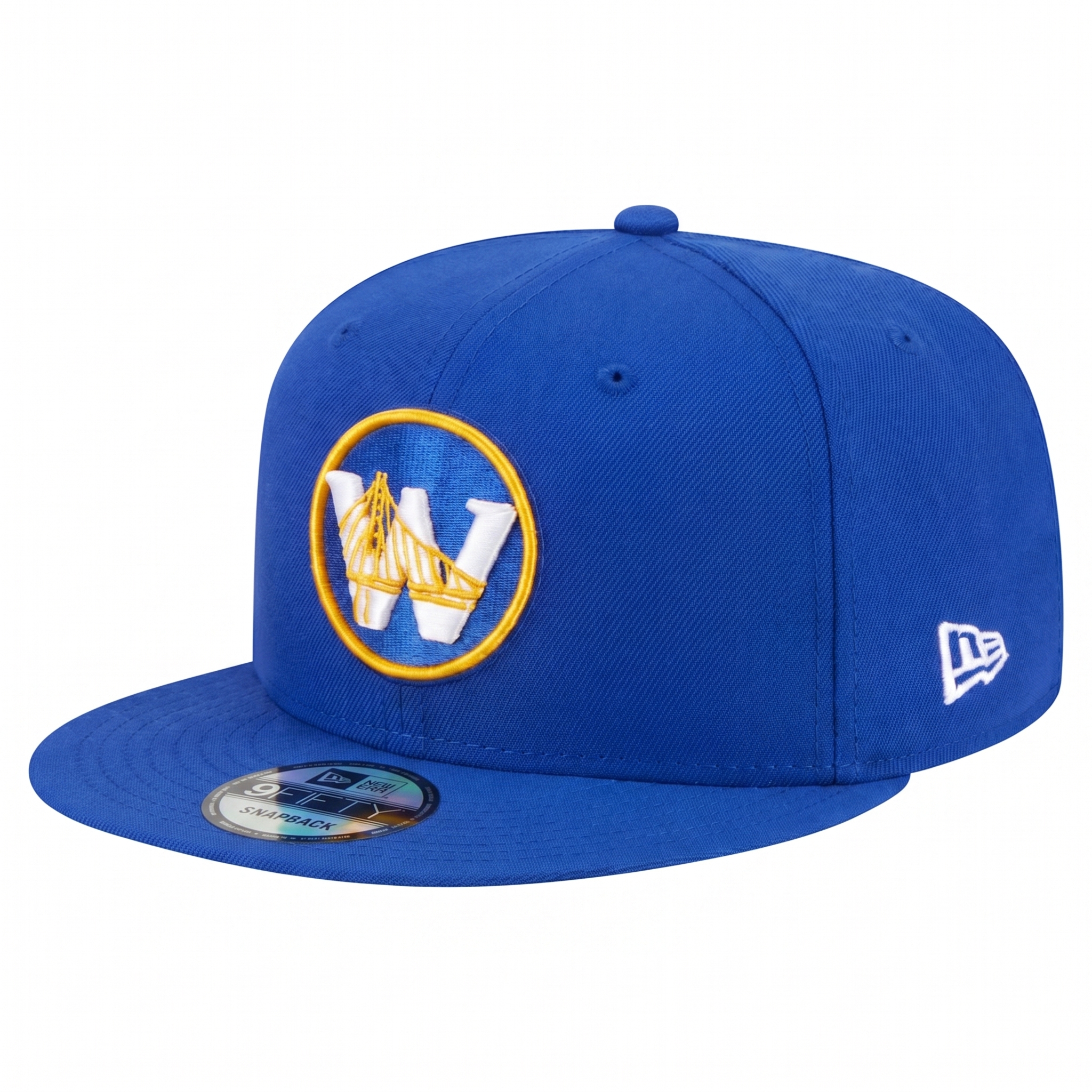 Angled view of the Golden State Warriors 9FIFTY Snapback Hat showing the front 'W' logo and the white New Era flag on the left side.