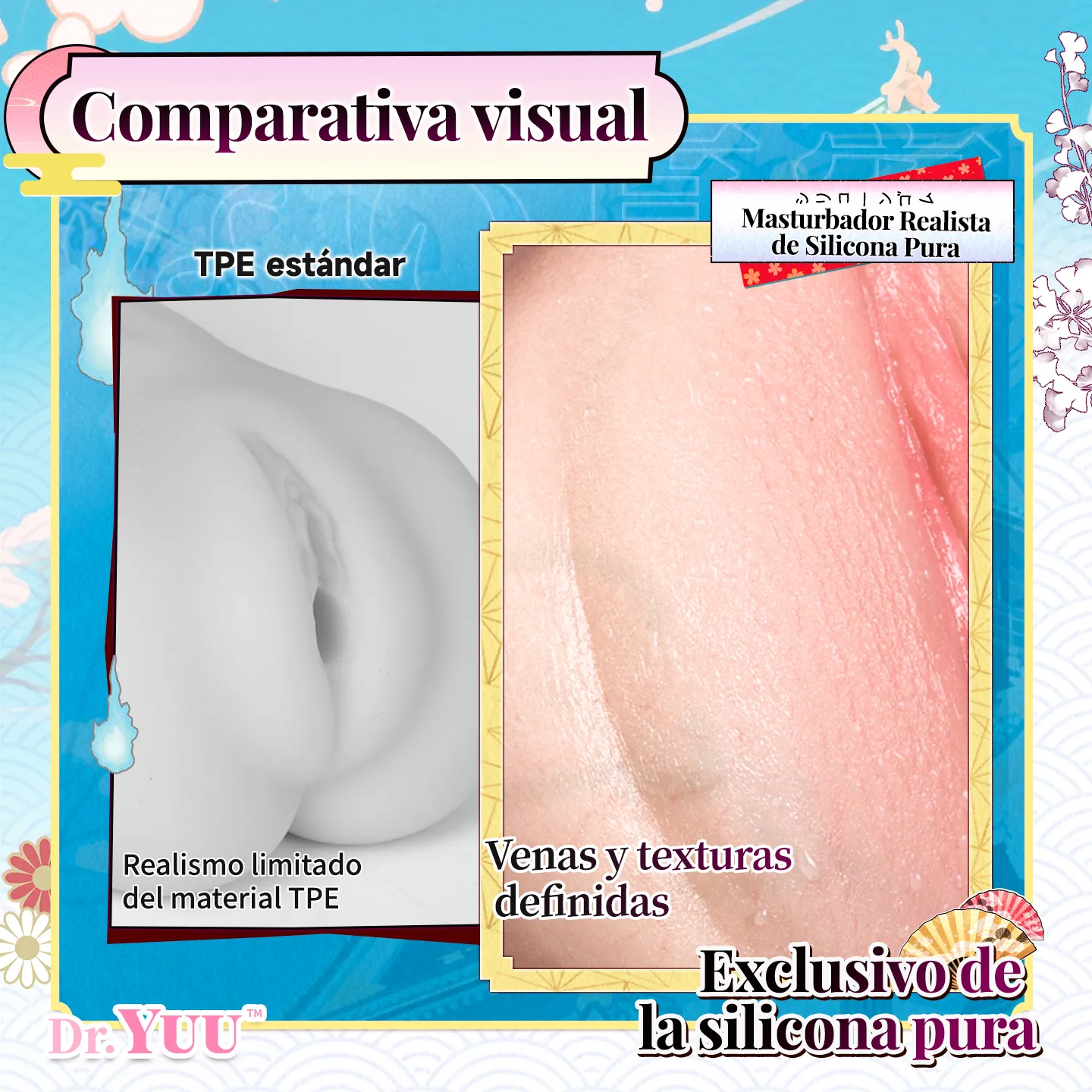 Comparativa visual de texturas y venas definidas. Masturbador realista de silicona superior exclusivo de Dr.YUU