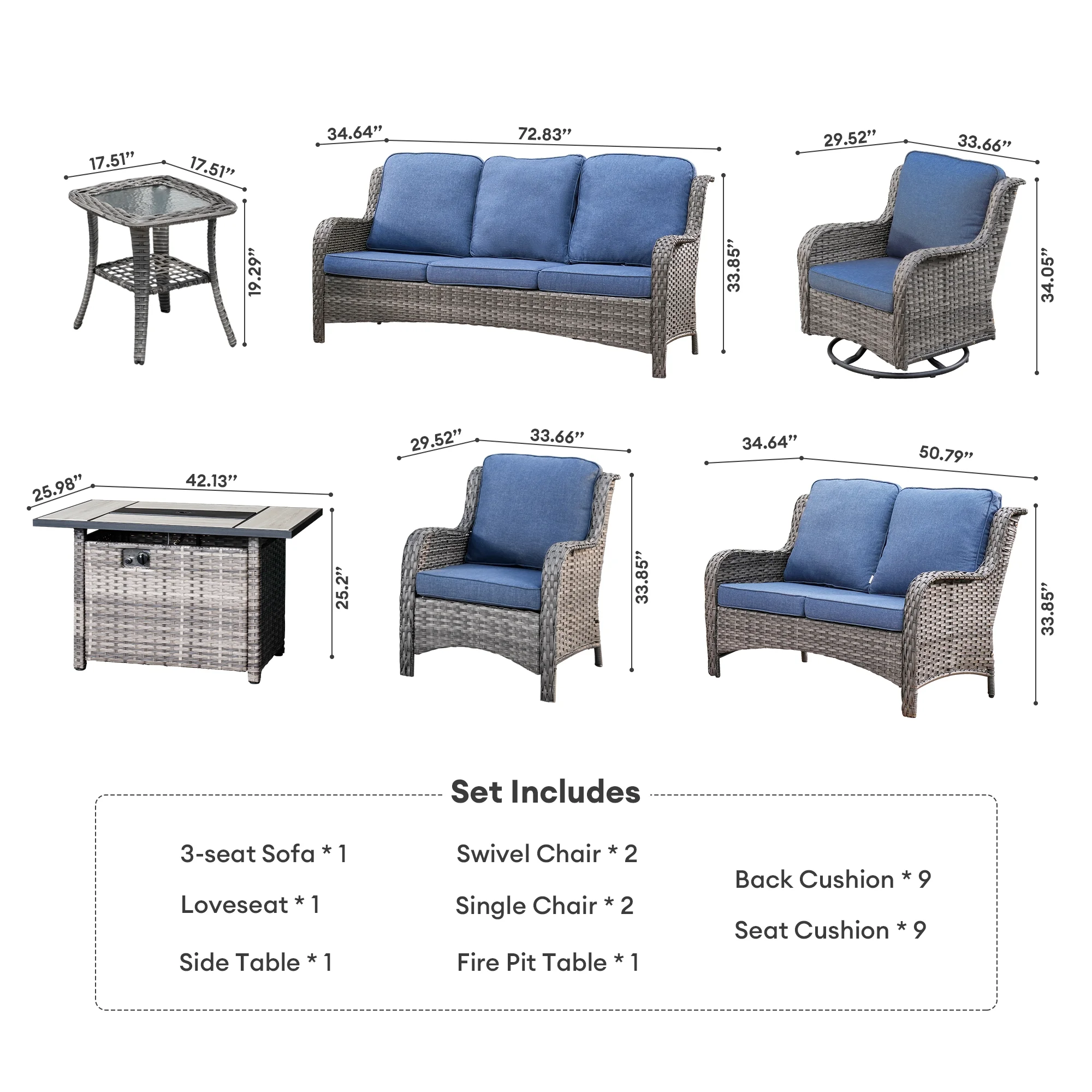 Vcatnet 8 Pieces Outdoor Patio Furniture Sectional Sofa All-weather Conversation Set with Swivel Rocking Chairs and Fire Pit Table for Garden,Poolside,Gray - Image 25
