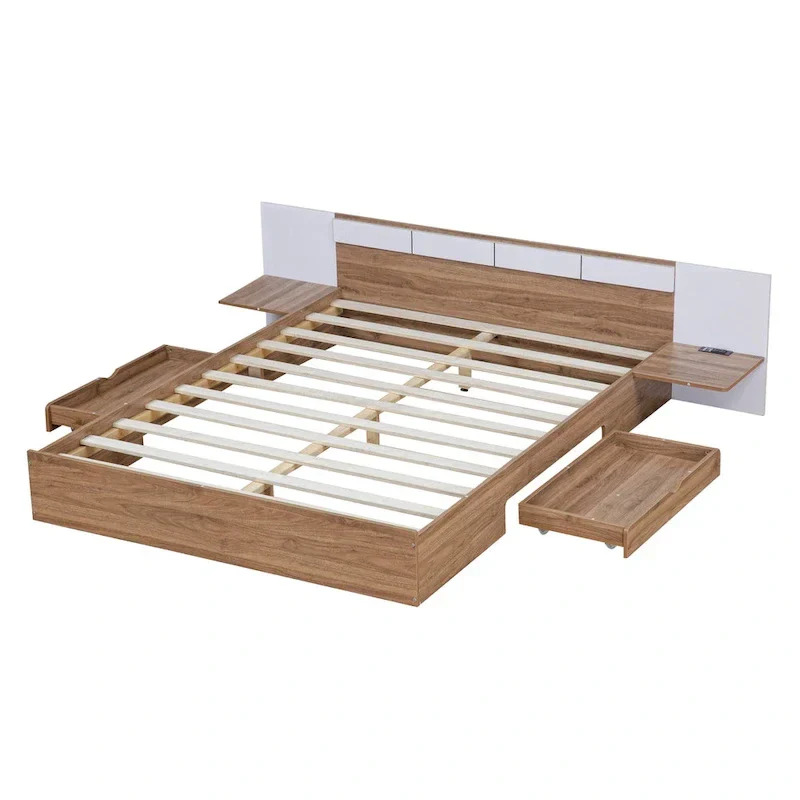 Natural Queen Size Platform Bed with Headboard, Storage Drawers, Shelves, USB Ports, and Outlets