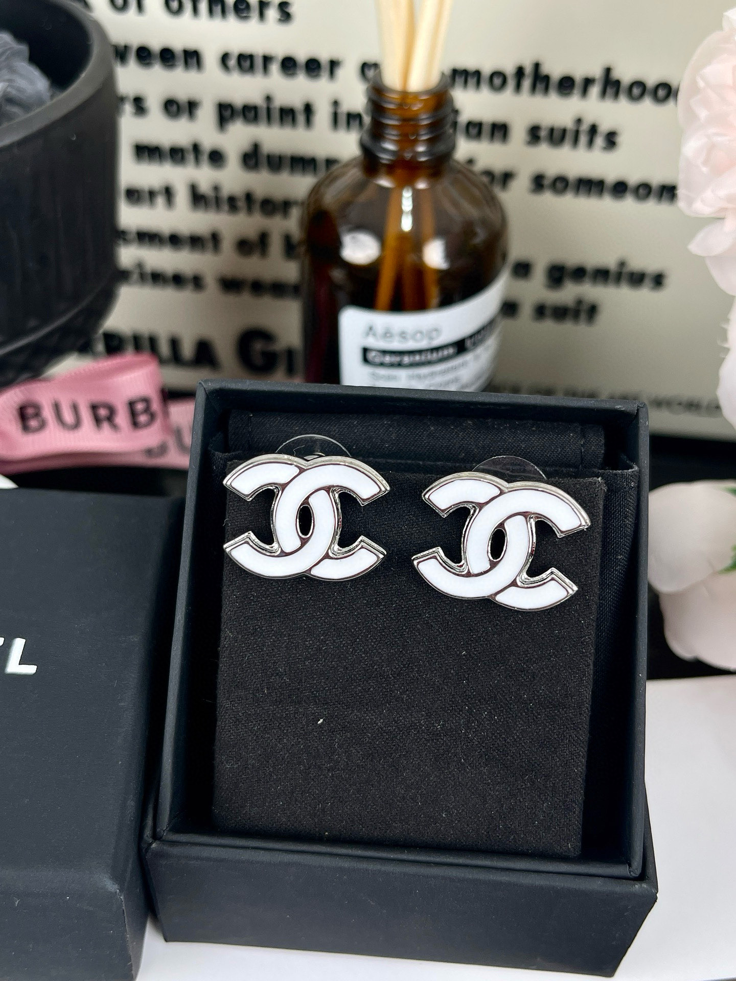 Chanel White Enamel CC Earrings Brooch Necklace - Original Replica Club
