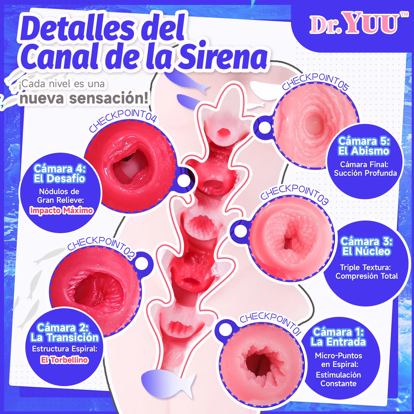 Detalle de los 5 niveles del canal con nódulos y estrías en el stroker realista de Dr.YUU