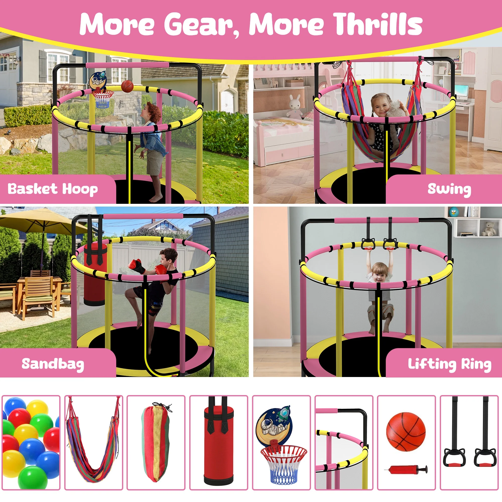 Mini Round Trampoline for Kids with Basketball Hoop, SEGMART 55'' Indoor Outdoor Toddler Trampoline with Enclosure Net, Swing, Sandbag, Ring, Ocean Balls, Small Trampoline Gift for Boys Girls, Blue - Image 14