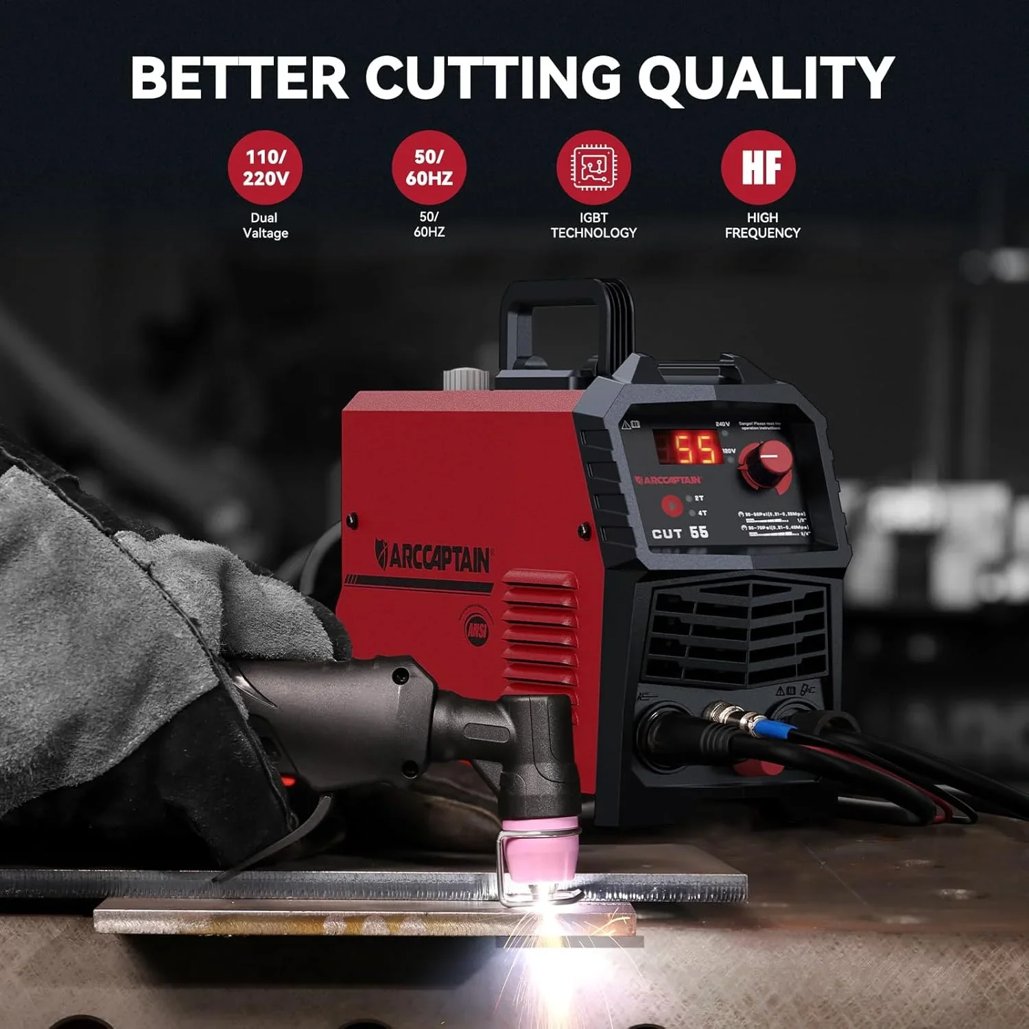 ARCCAPTAIN 55A Plasma Cutter, Non-Touch Pilot ARC High-Frequency Air Plasma Cutting Machine, 110/220V Dual Voltage IGBT Inverter, 1/2