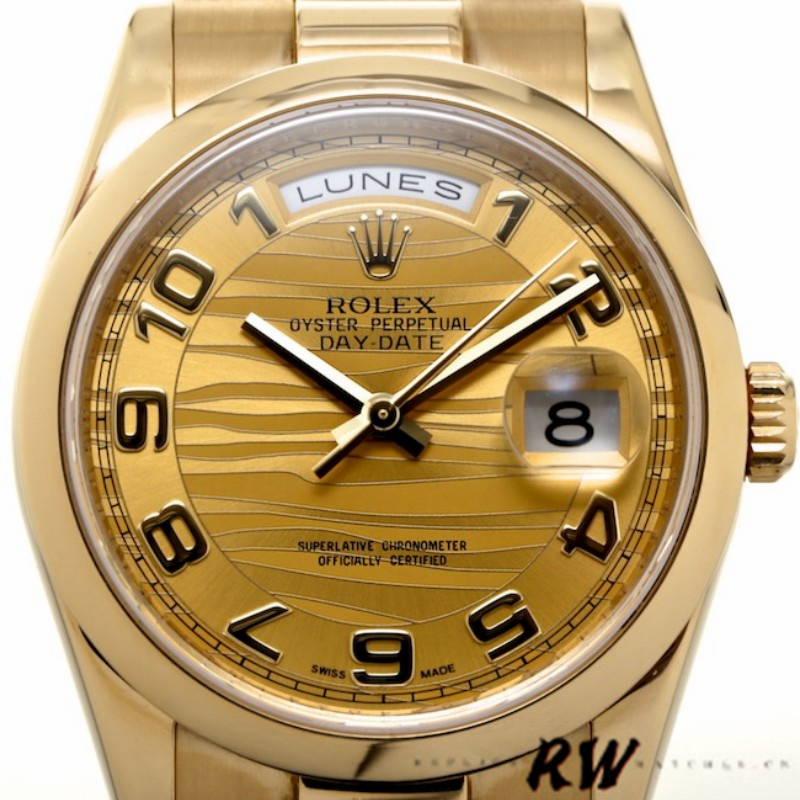Rolex Day-Date 118208 Yellow Gold Arabic Numeral Wave Champagne Dial 36mm Unisex Replica Watch