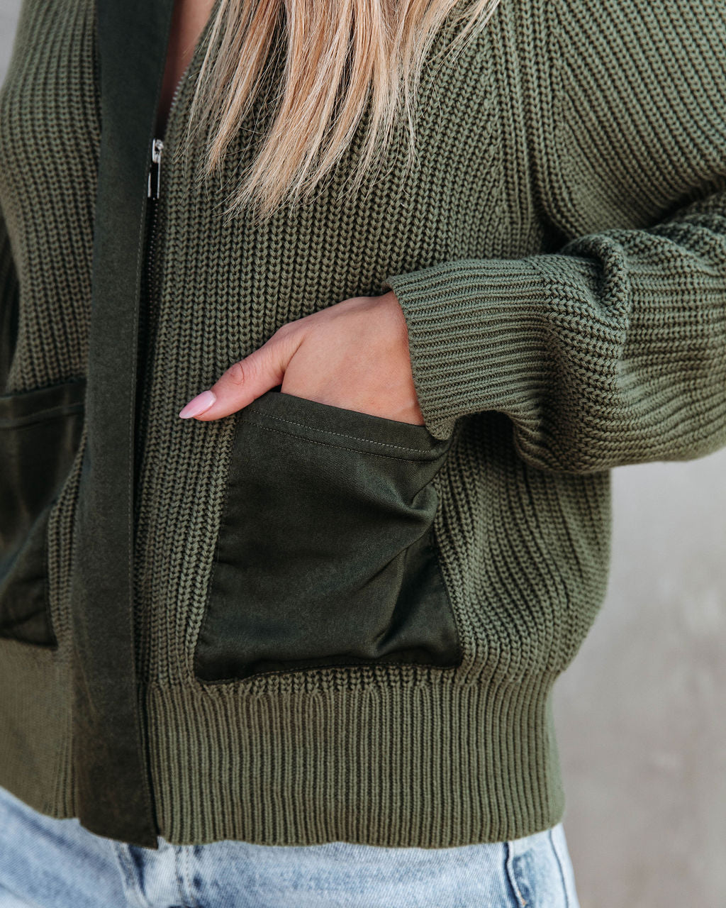 Looking Like A Million Knit Pocketed Satin Zip Up Sweater - Olive - Se7enfashion