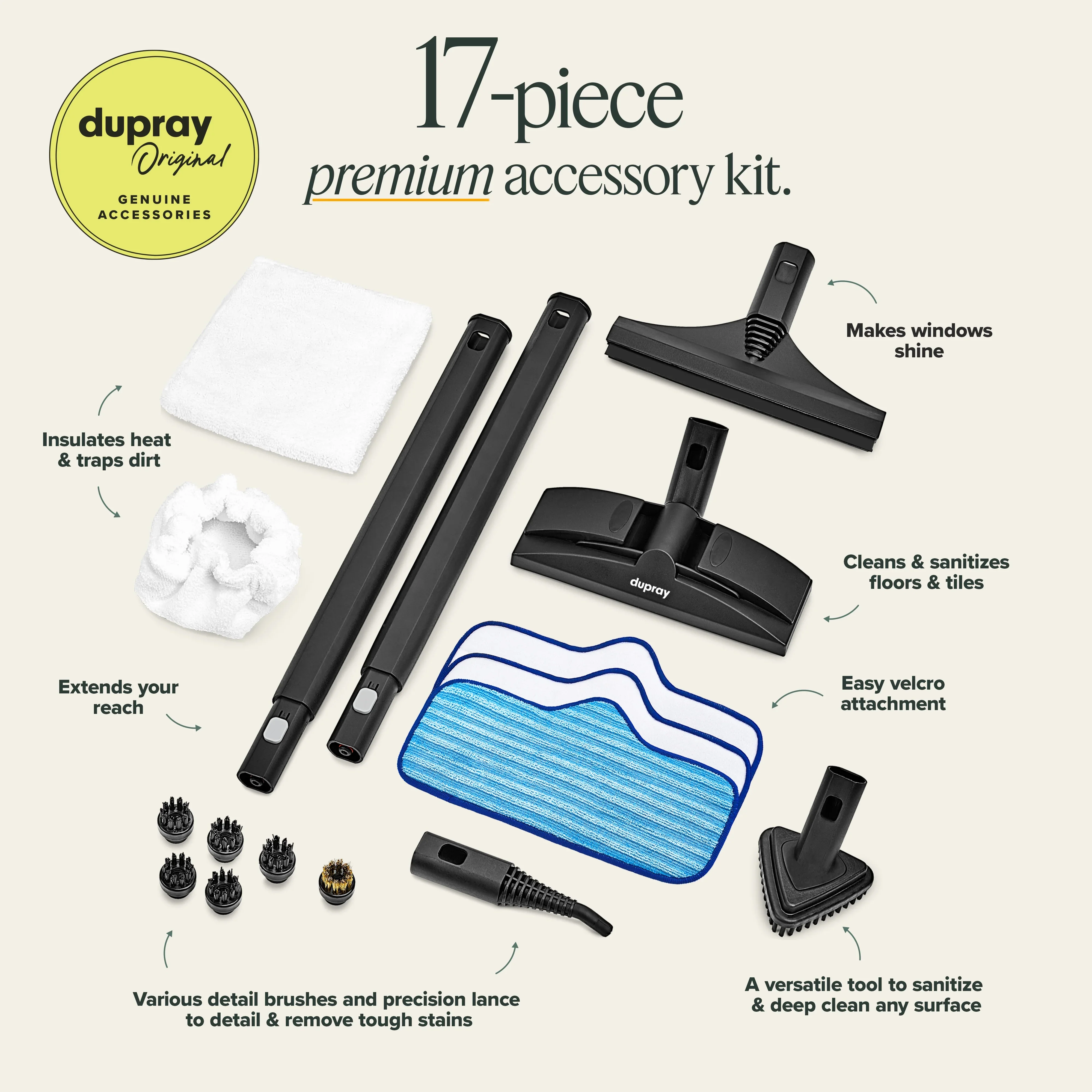 Dupray Neat Steam Cleaner 17-Piece Kit �?Our bestselling multipurpose steam cleaner with all the tools to clean, detail, sanitize*, deodorize floors, grout, bathrooms, kitchens and more. 1500w
