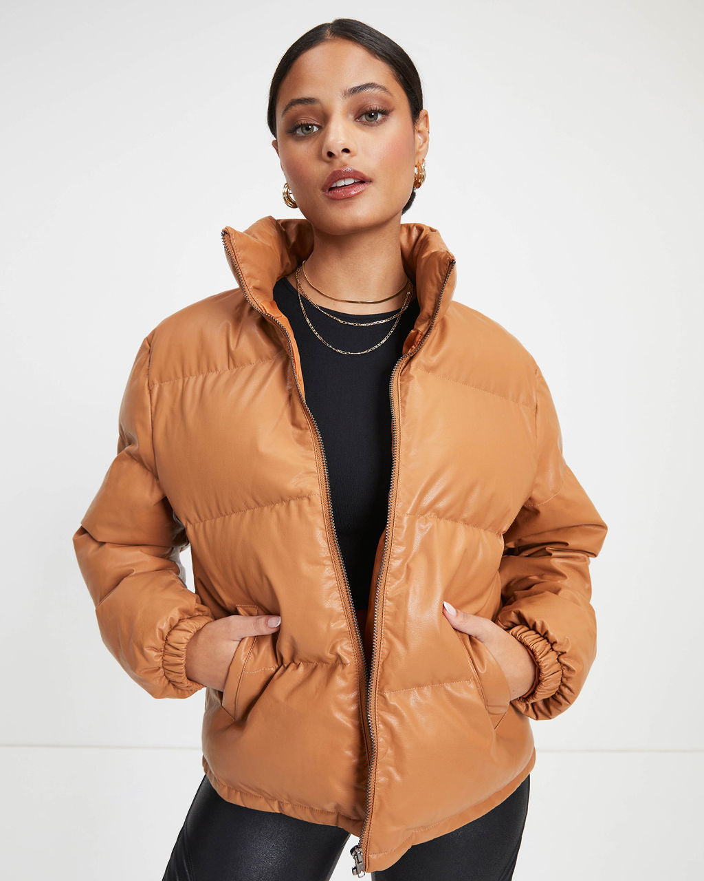Raza Pocketed Faux Leather Puffer Jacket - Camel - Se7enfashion