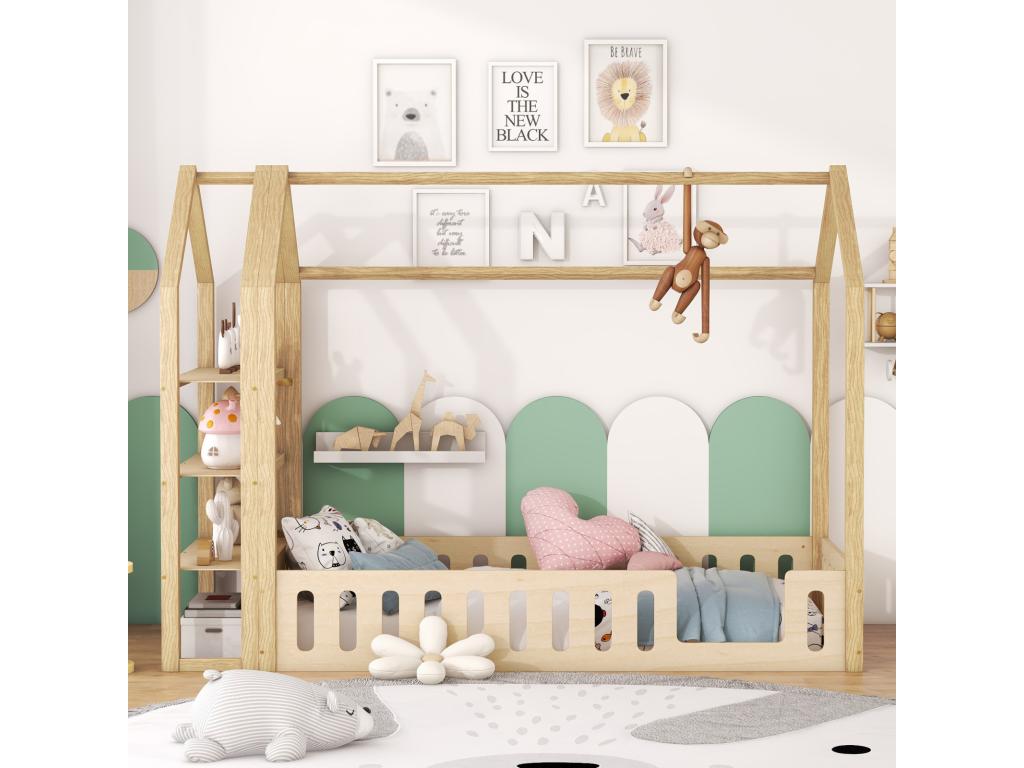 Cama cabina de 90x200 cm, cama infantil plana, camas de casita con barandilla, cama con 3 niveles de estantes de almacenamiento, natural