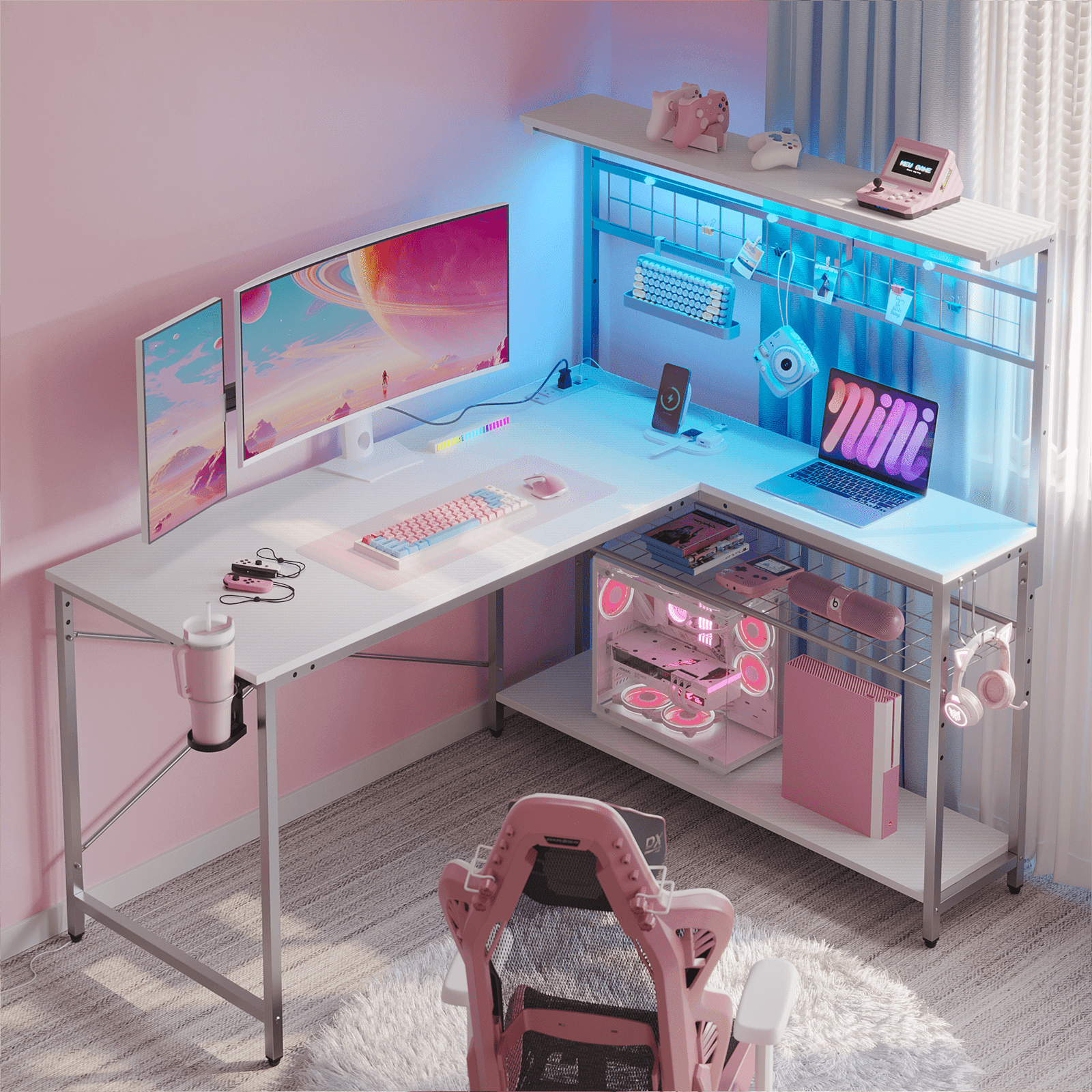 Bestier 51 L Shaped Gaming Desk with Power Outlets & LED Light, Computer Desk with 4 Tiers Shelves for Home Office, Reversible Gamer Table with Hooks and Cup Holder, Carbon Fiber - Image 3