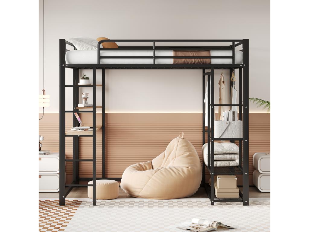 Cama entrepiso de metal 140x200 cm - con mesa y estantes - Negro