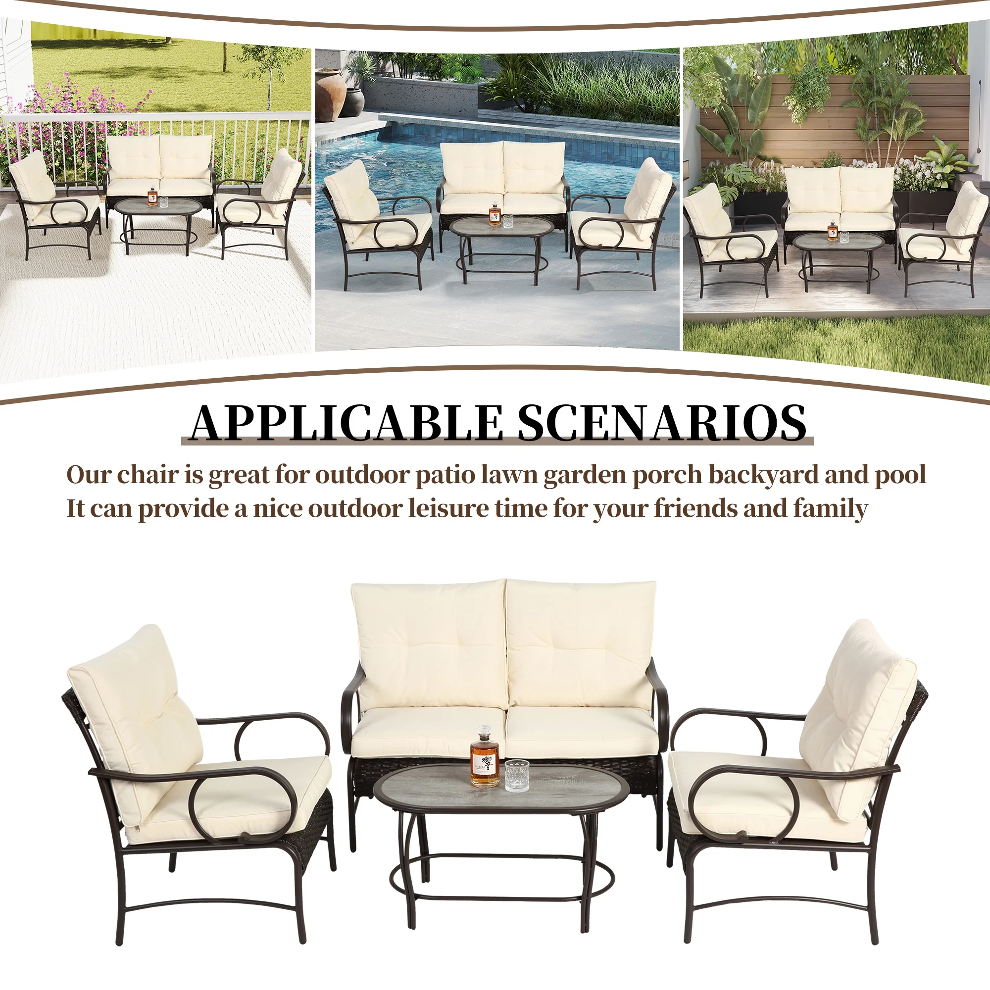 Patio Sofa Set, 4 Pieces Outdoor Sectional Furniture, All-Weather PE Rattan Wicker Patio Conversation Set, Cushioned Sofa Set with Coffee Table for Patio Garden Poolside Deck - Image 25