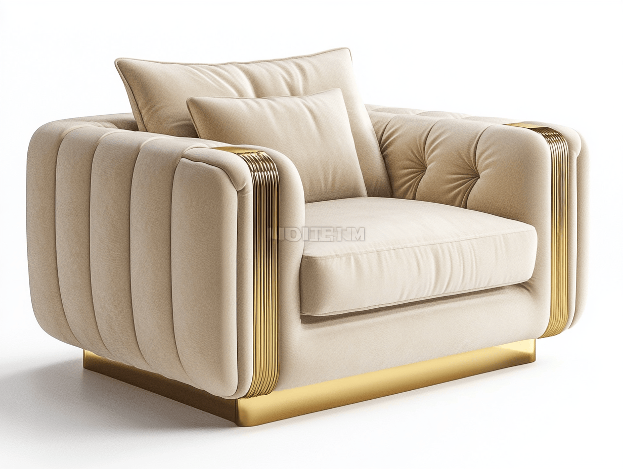 Sillón tapizado en color crema con detalles dorados metálicos, estilo glamuroso, 100x90x85cm