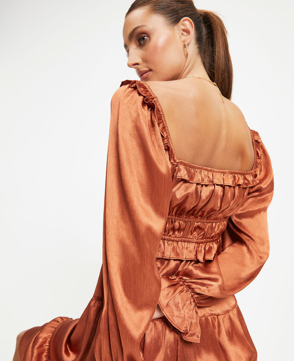Thousand Words Satin Tiered Ruffle Midi Dress - Rust - Se7enfashion