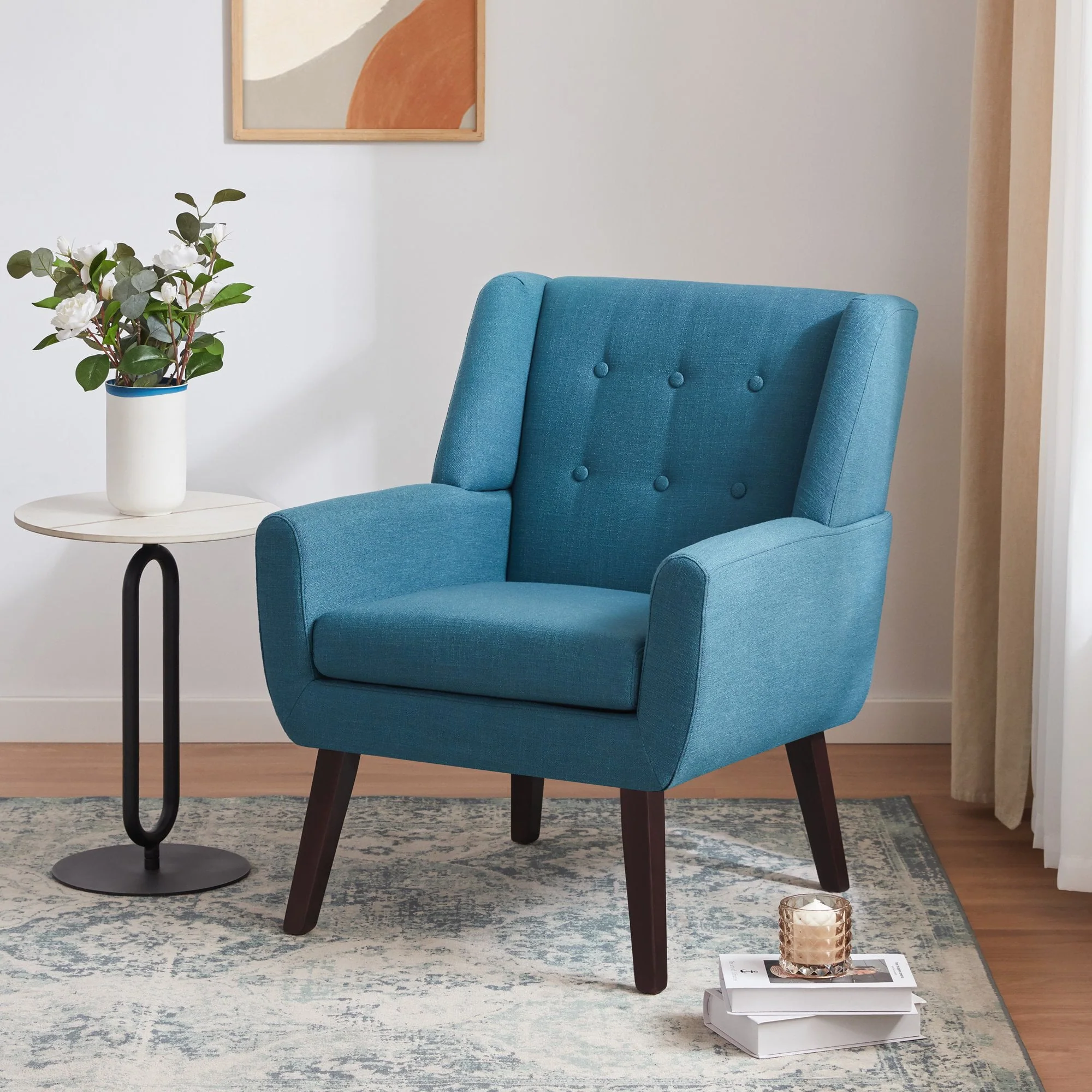 HUIMO Accent Chair, Button-Tufted Upholstered Living Room Chairs, Mid Century Modern Comfy Reading Chairs for Bedroom, Living Room, Beige - Image 8