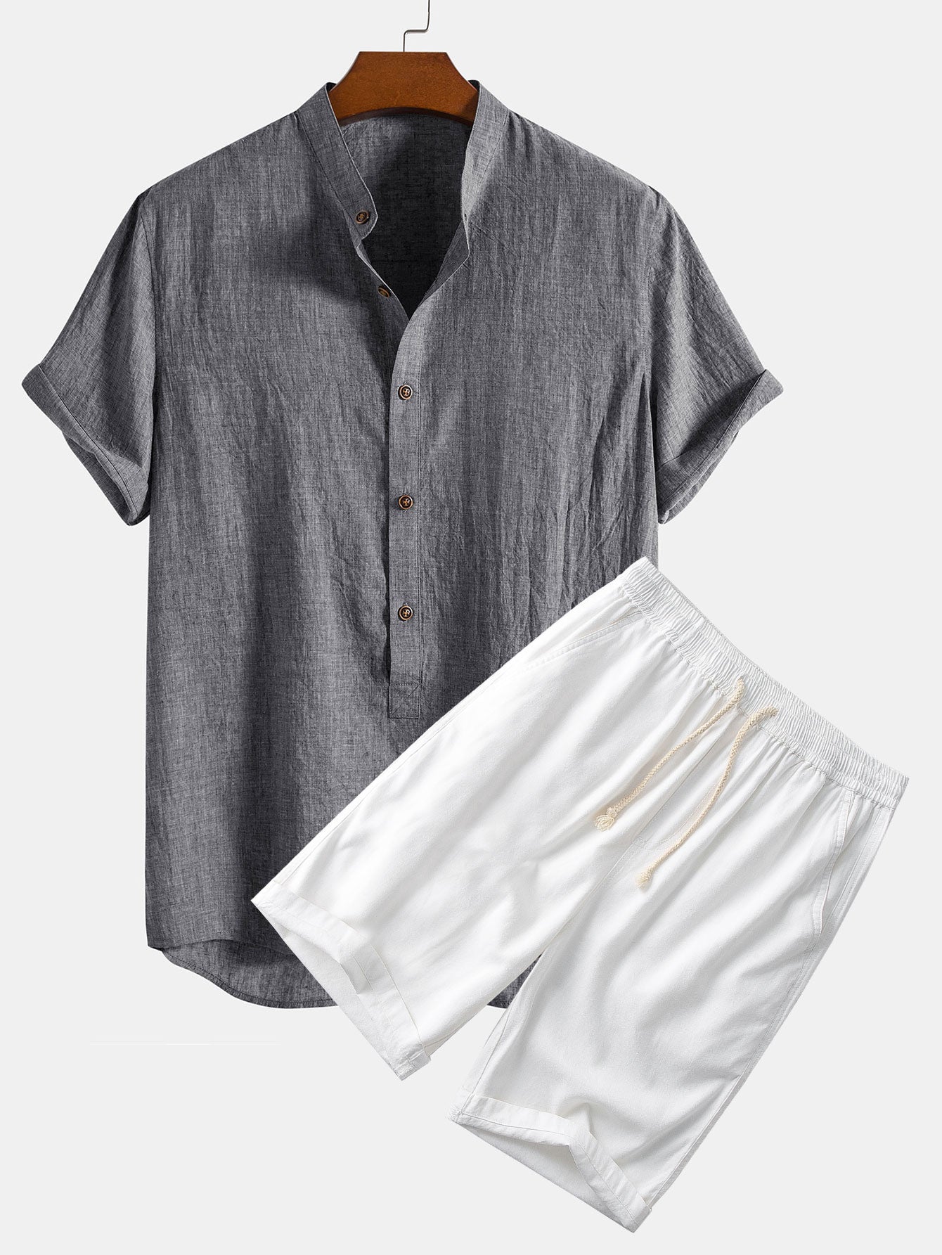Short Sleeve Half Button Fly Henley Collar Shirt & Linen Cotton Blend 11