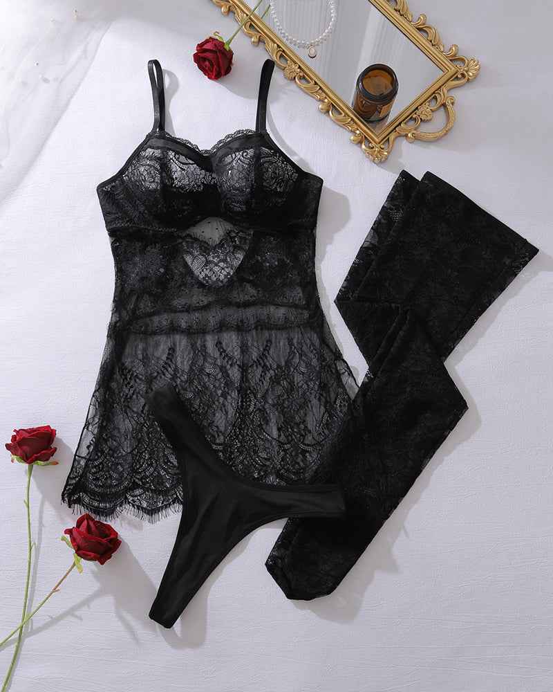 Floral Lace Slip Dress & Stockings Set