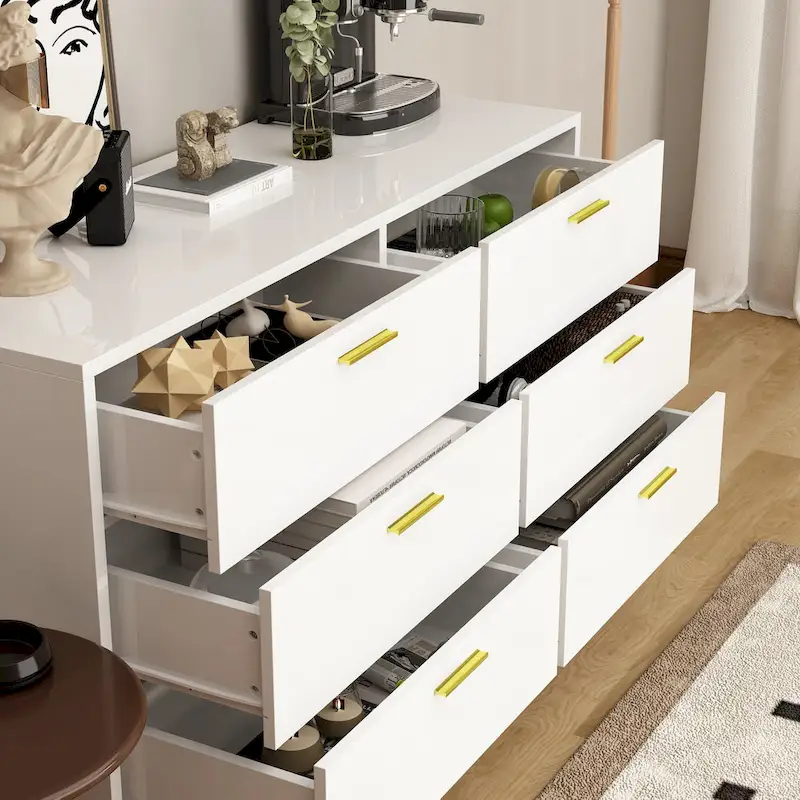 Elegant 6-Drawer Double Dresser with Gold Accents for Stylish Bedroom Storage