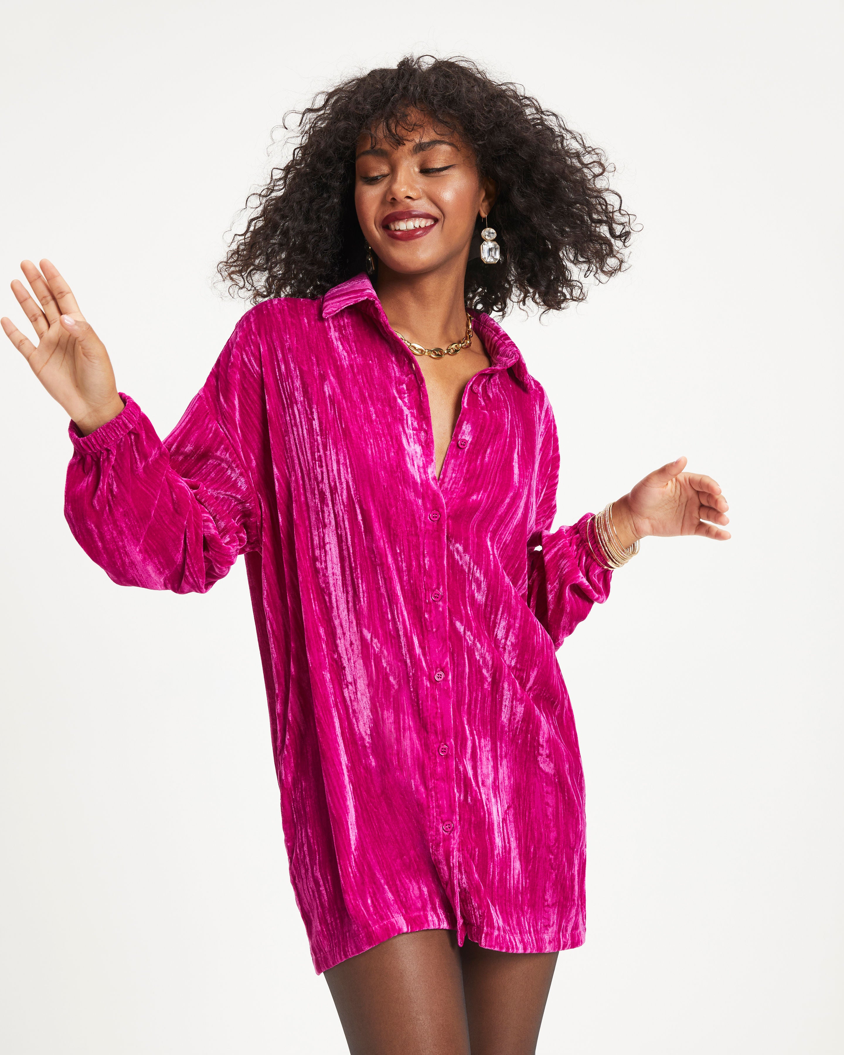 Avalina Textured Velvet Button Down Shirt Dress - Fuchsia - Se7enfashion