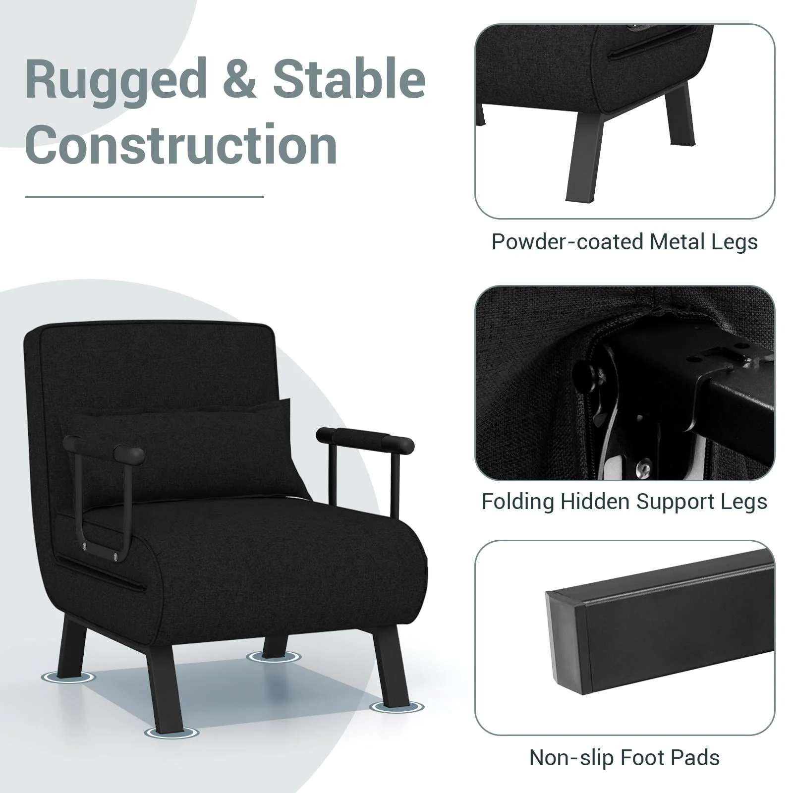 Giantex Convertible Sofa Chair Bed, Leisure Recliner Sleeper w/ 6 Adjustable Position Backrest into Lounge Seat, Folding Sofa Bed w/High Elastic Sponge, Durable Steel, Ideal for Home, Office (Black) - Image 5