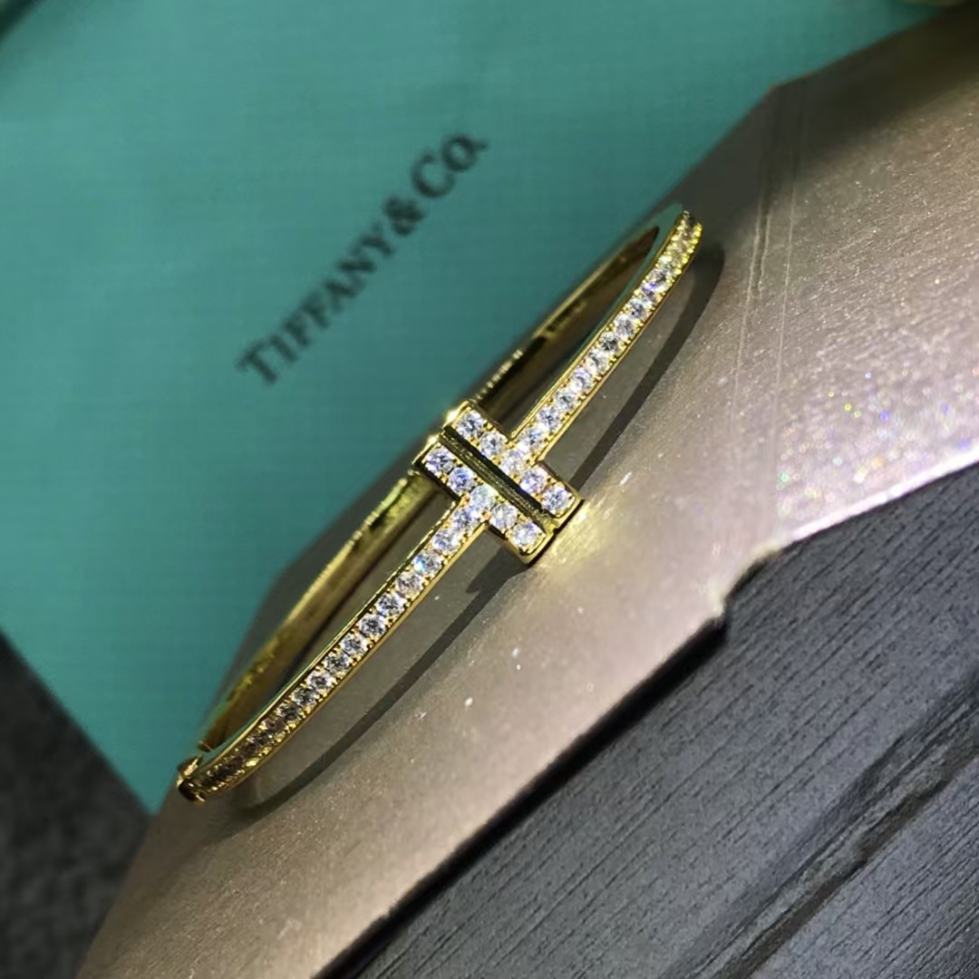 Tiffany Full Diamond Paved Double T Bangle Bracelet - Original Replica Club