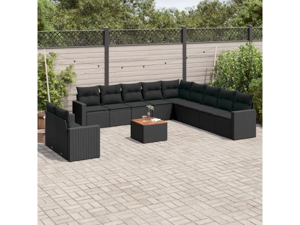 Set de sofás de jardín 12 piezas cojines ratán sintético negro