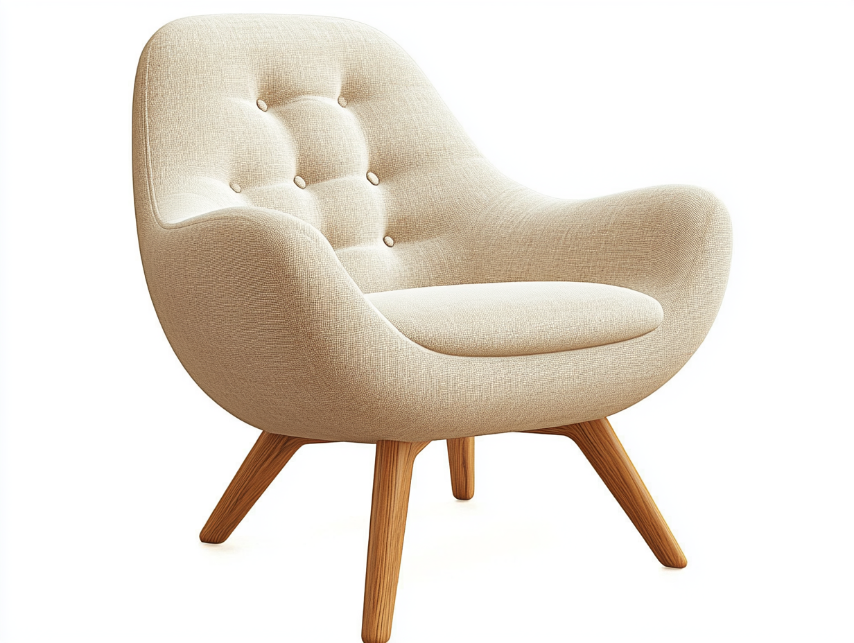 Sillón tapizado beige con patas de madera