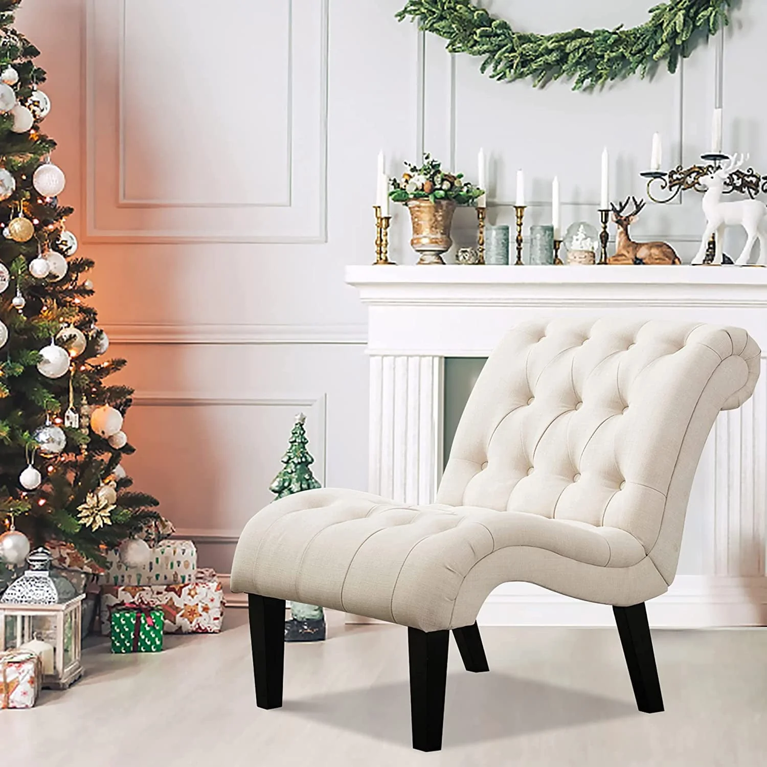 Andeworld Upholstered Accent Chair for Bedroom Living Room Chairs Lounge Chair with Wood Legs Cream Fabric - Image 3