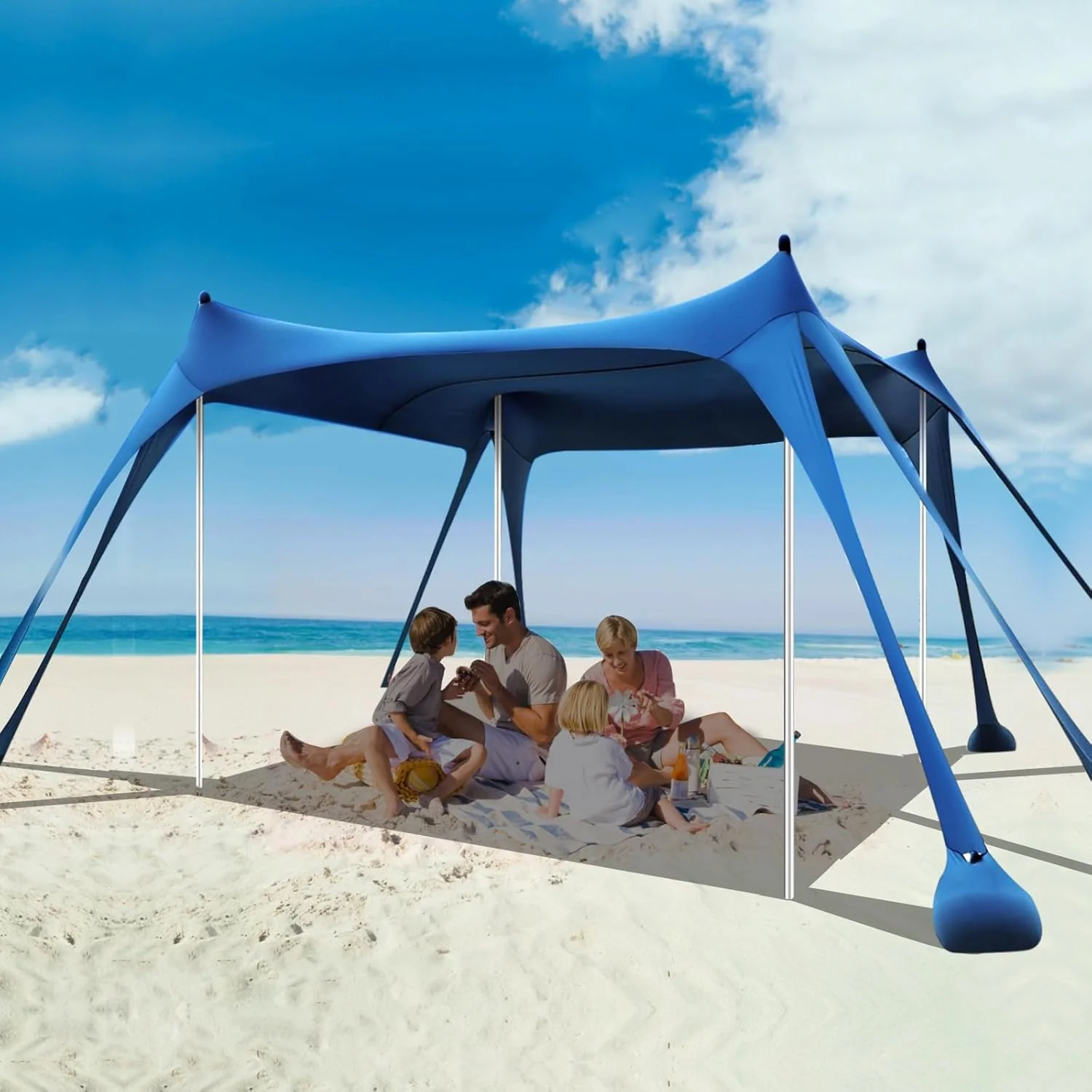Beach Tent Sun Shelter, 10 x 10 FT Beach Canopy Tent Sun Shade Heavy Duty, UPF50+ Beach Tent Canopy with 8 Sandbags & 4 Stability Poles, Outdoor Beach Shade Canopy for Camping and Fishing, Blue