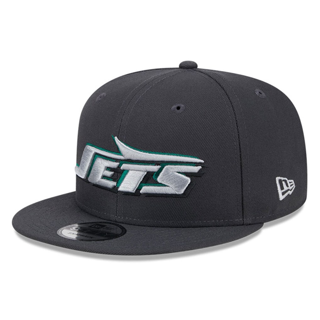 Angled front view of the New York Jets 2024 NFL Draft Snapback Hat showing the 3D team logo and embroidered white New Era flag.
