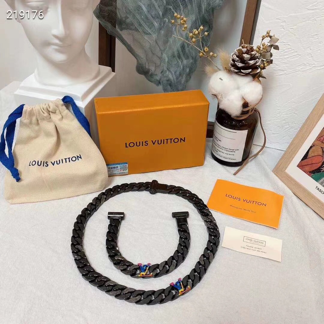 Louis Vuitton Black Cuban Chain Color LV Mens Bracelet Necklace - Original Replica Club