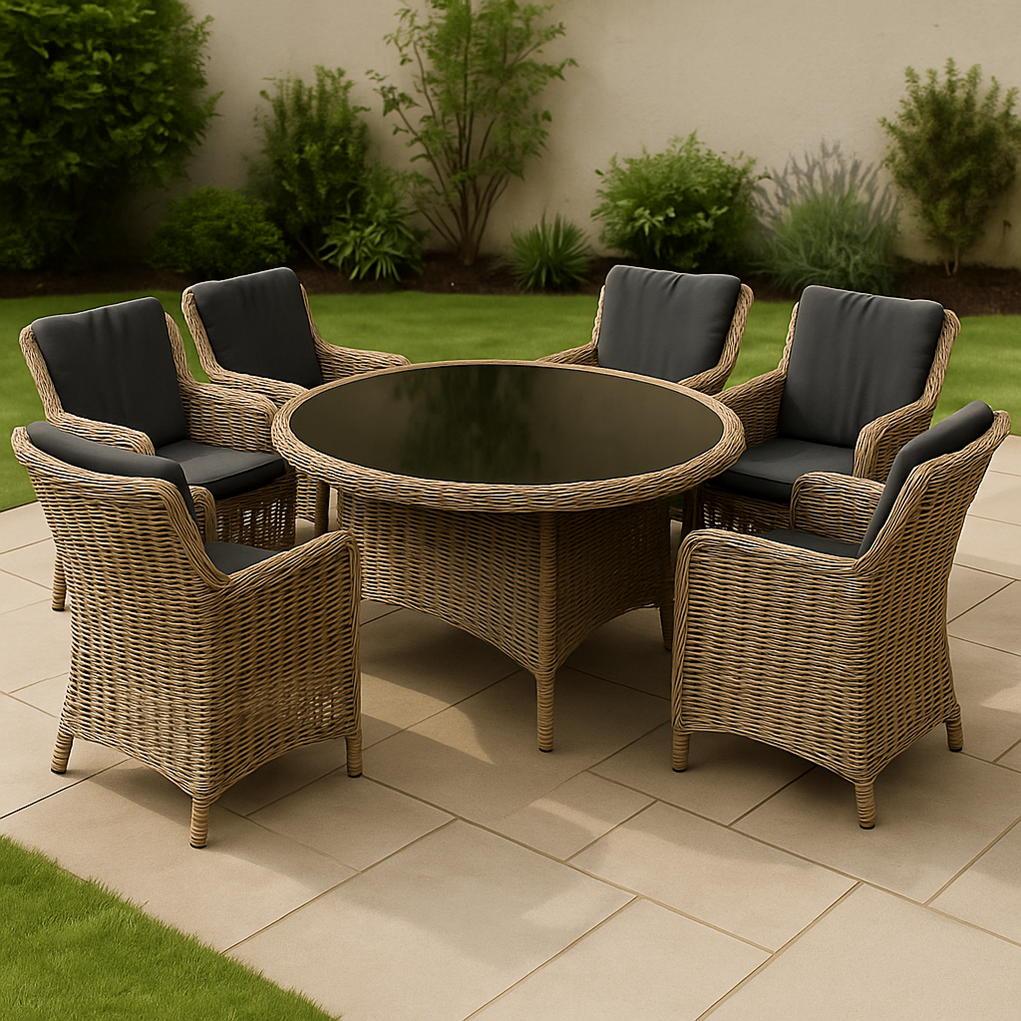 Conjuntos de mesa y sillas para jardín ratán 1 mesa 6 sillas beige iSwSIWT430Zx