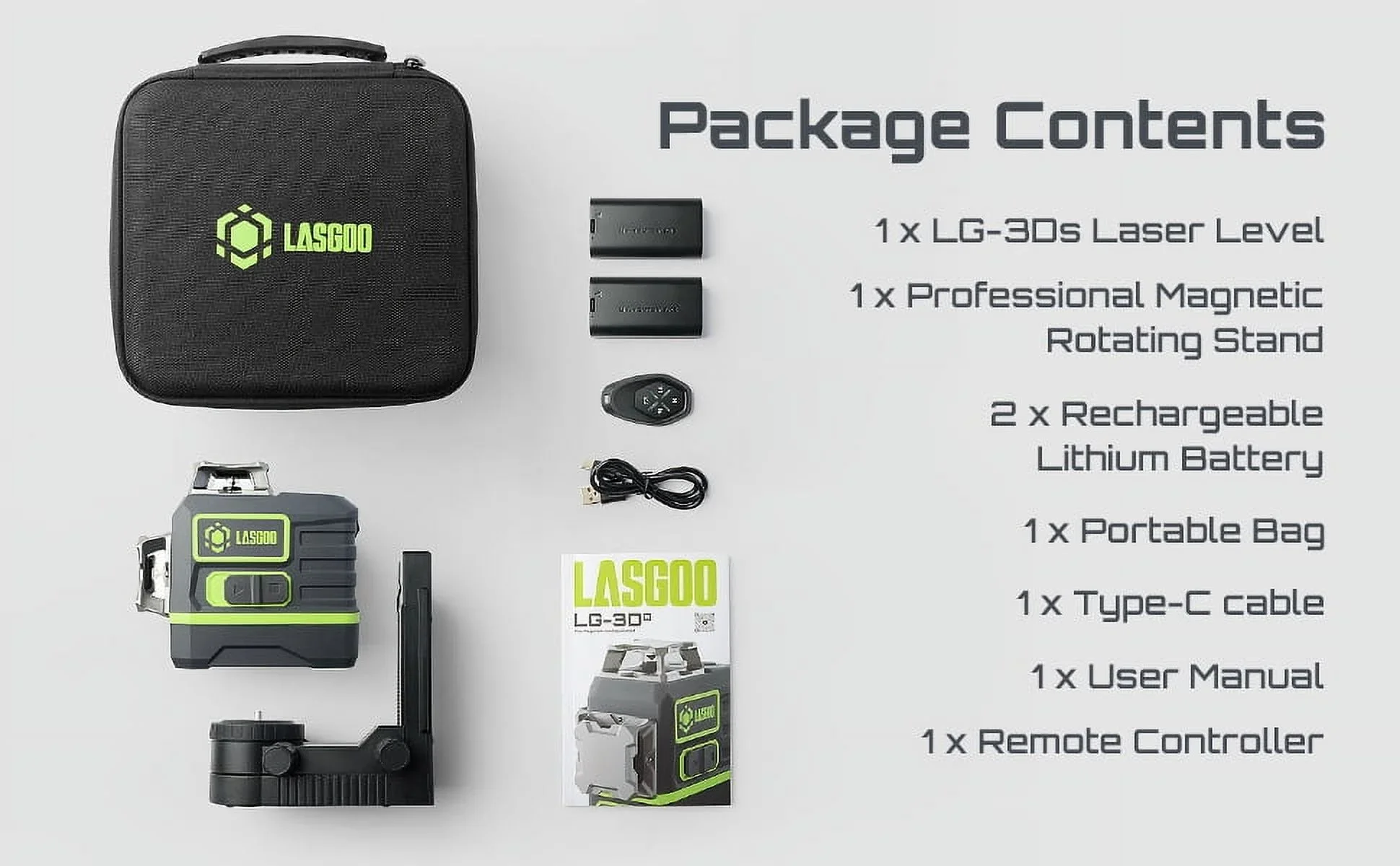 Laser Level 3x360- LASGOO with Remote Control, 2 Rechargeable Batteries, 100FT Range, 360- Magnetic Rotating Stand, IP54, 3Ds
